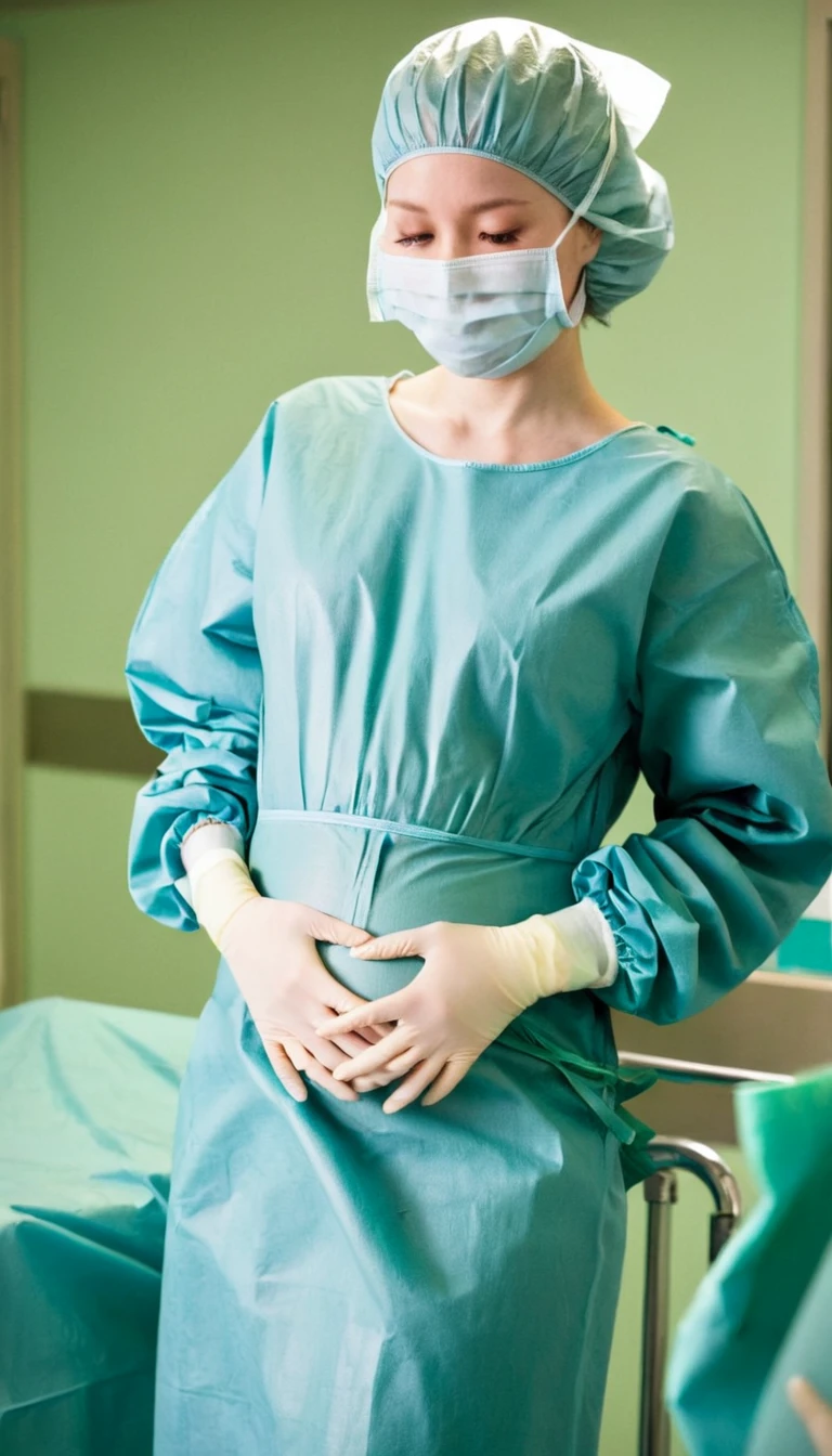 score_9, score_8_up, score_7_up, masterpiece, highest quality, pale skin, shy eyes, cover the ears, big breasts, surgical mask, surgical cap, long sleeve surgical gown, pregnant with big belly, bare stomach, saw a pregnant woman's navel,
1 girl, pregnant, solo, rubber gloves, frown, standing, in one hospital, in the operating room,