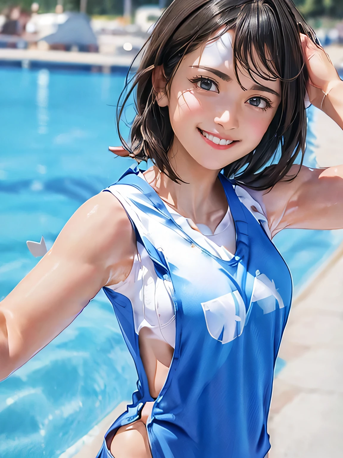 1girl, woman, 25 years old woman, beautiful, medium breasts, flirtatious look, ((very detailed)), (perfectly detailed face), looking at viewer:1.8, (1girl eyes looking at viewer:1.55), Upper body, Simple Background, Emphasis on the chest, Hands behind the body, hands behind head, whole body, Raise your arms and show your armpits, show your armpits, hands behind head, waki, smile, photorealistic image, high res, girl in summer clothes, ((tanktop jersey:1.78)), camisole, Plain costumes, White outfit, photorealistic, (bokeh), best quality, 8k, UHD, anatomically correct, textured skin