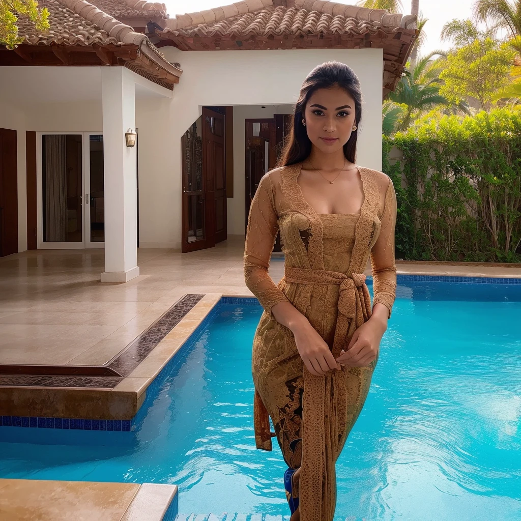 beautiful woman in kebaya dress standing by swimming pool,lush nature landscape detailed architecture background,dramatic evening lighting cinematic vibrant photorealistic scene,(best quality,4k,8k,highres,masterpiece:1.2),ultra-detailed,(realistic,photorealistic,photo-realistic:1.37),beautiful detailed eyes,beautiful detailed lips,extremely detailed face,long eyelashes,1girl,hotel,nature,landscape,detailed architecture,evening lighting,cinematic,dramatic lighting,vibrant colors