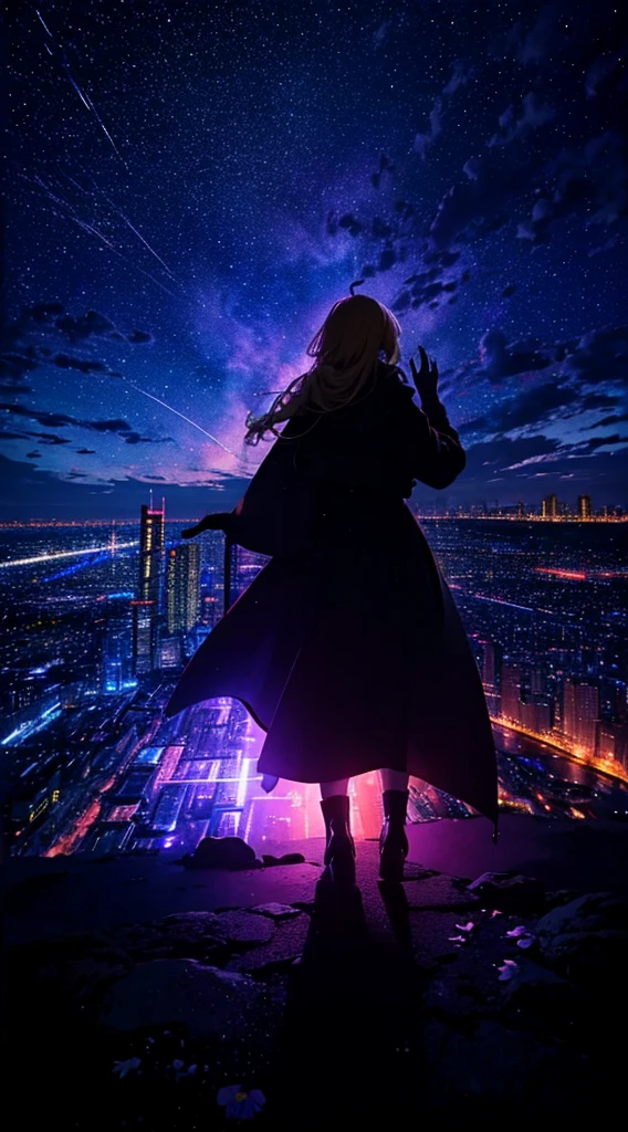 １people々々々々々,Blonde long-haired woman，Long coat， Dress Silhouette， Rear View，Space Sky, comet, Anime Style, Dancing Petals，Night view of the city from the mountainside，