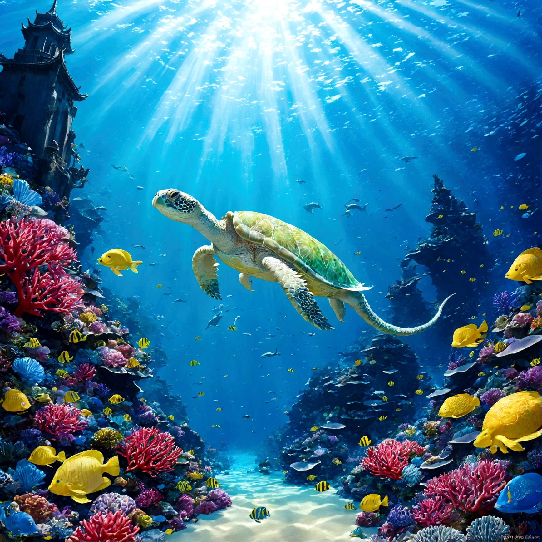 Endlessly、Bottom of the Blue Sea。seabedに広がる砂地には、pearl貝がキラキラと輝き、色とりどりのCoral Reefが広がっている。At its heart、まるでseabed山脈からそびえ立つように、hugeなDragon Palaceがそびえ立つ。The shining white walls、Contrasting with the blue of the sea、god々Beauty to the fullest。Around the castle、hugeな貝殻やサンゴでできた庭園が広がり、そこではmermaidたちが優雅に舞い踊り、Marine lifeたちが集まっている。Dragon Palaceの上空には、hugeなSea Turtleが悠々Swim with、On his back、Gorgeousな都を思わせる街並みが広がっている。beautifulファンタジーの世界, Japan folktales, Dragon Palace, seabed, Coral Reef, White coral, pearl, mermaid, Sea Turtle, Marine life, Gorgeous, beautiful, huge, god秘的
