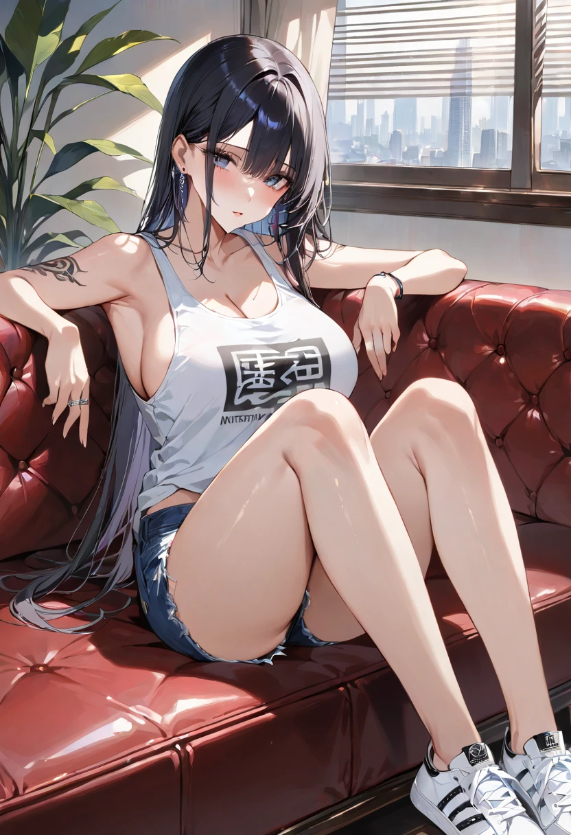 masterpiece, best quality, ultra detailed, detailed eyes, large breasts, nsfw, 1girl, long black hair, black eyes, glow eyes, unkind face, very detail face, Wearing a black plaid shirt inside a white tank top, blue short jeans shredded, white shoes, left ear earring, ring tatoo, full body, sitting on the sofa, 4k, 8k, ultra detail,