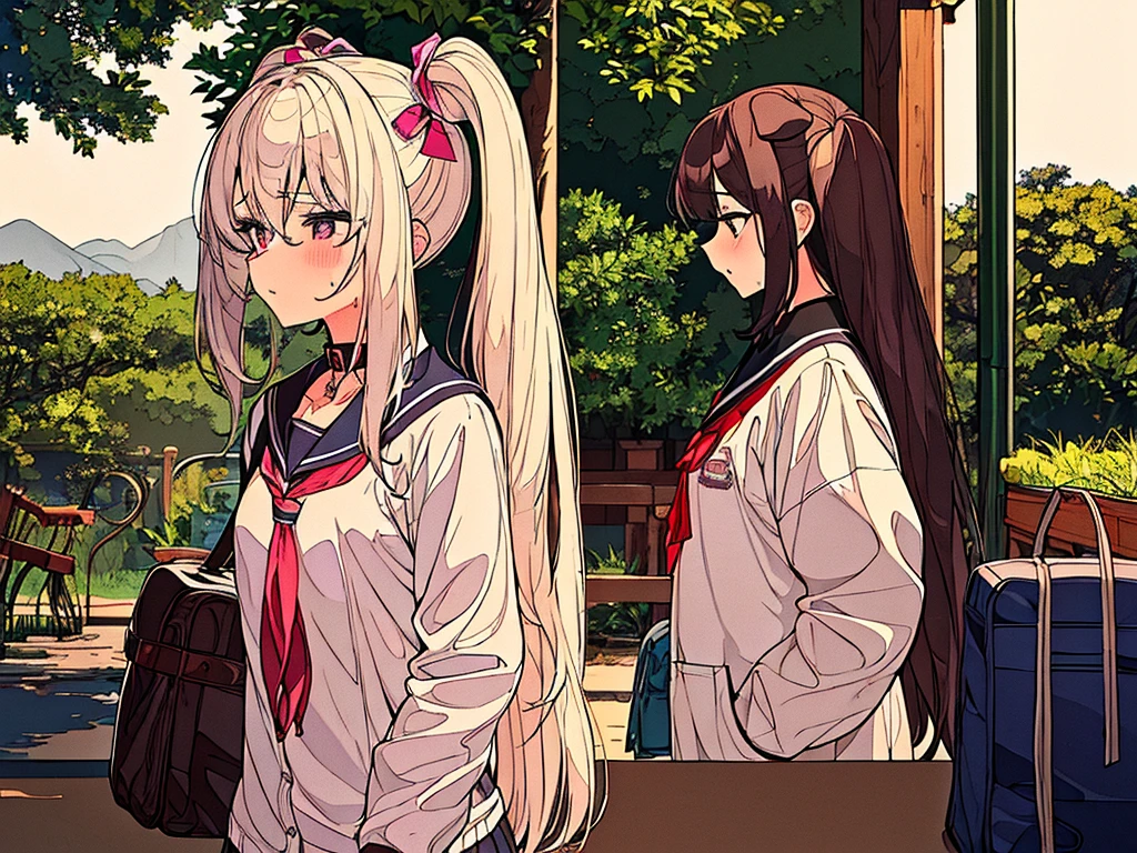 ????,master piece,best quality,1girl,12 years old,silver long hair,twintails,small ???????,??????????,(( 
Girl gang-????? by two dogs in park,school bag

)),tearful,steam,sweat,spoken heart,,Collar,score_9,girl trembling with ?????? 