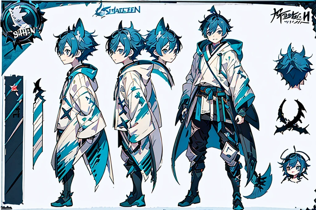 master-piece, hyper quality, hyper detailed,perfect drawing, 1boy, (Hairstyle: Messy Japanese Round Haircut for Thick Hair)), blue hoodie, shark tail, sharp fangs, blue eyes, Blue hair, height 167cm, stand still, (character sheet:1.4), (concept art:1.4)