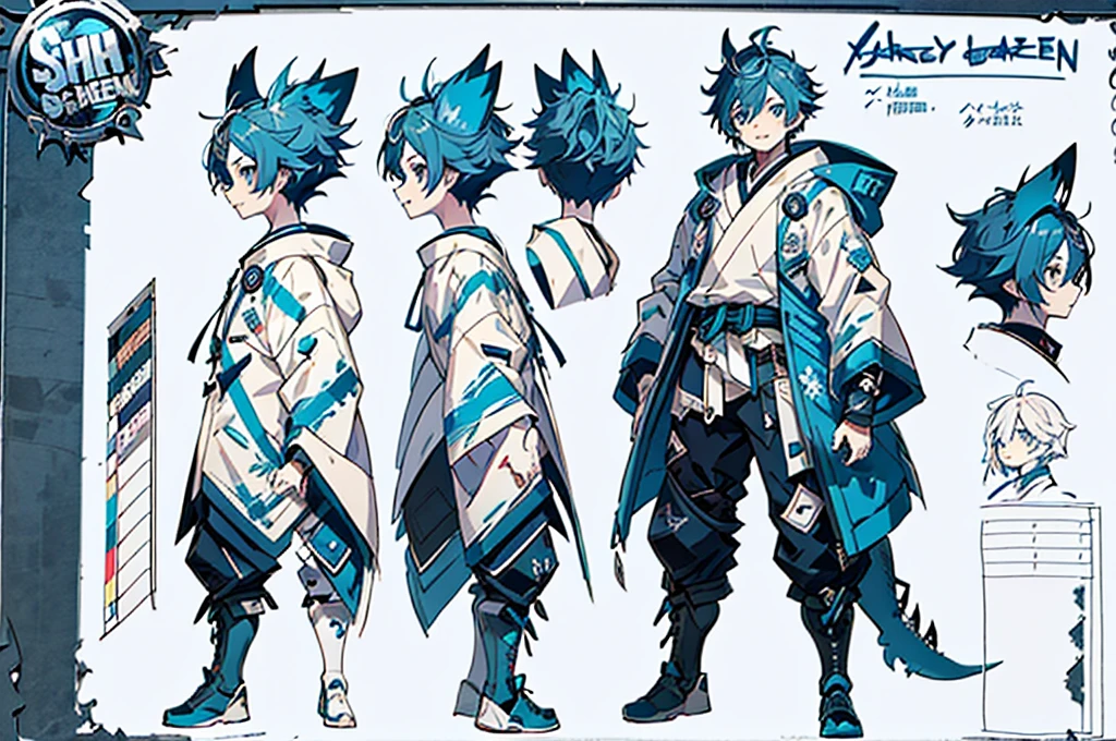 master-piece, hyper quality, hyper detailed,perfect drawing, 1boy, (Hairstyle: Messy Japanese Round Haircut for Thick Hair)), blue hoodie, shark tail, sharp fangs, blue eyes, Blue hair, height 167cm, stand still, (character sheet:1.4), (concept art:1.4)