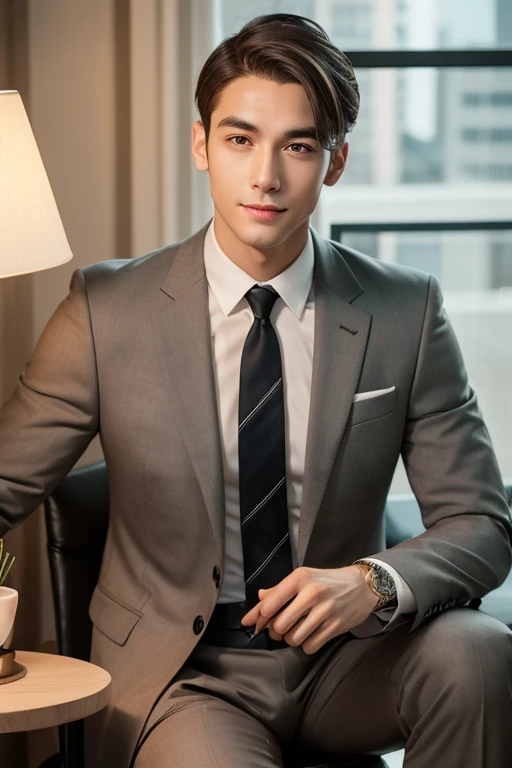 Handsome man，A little smile，Fair skin，Egg-shaped contour,Thin jaw，Grey Eyes，Greenish-brown hair，Asian Faces，Thin eyebrows,Thin lips,Beardless,In a suit，Indoors at dusk,Floor lamp