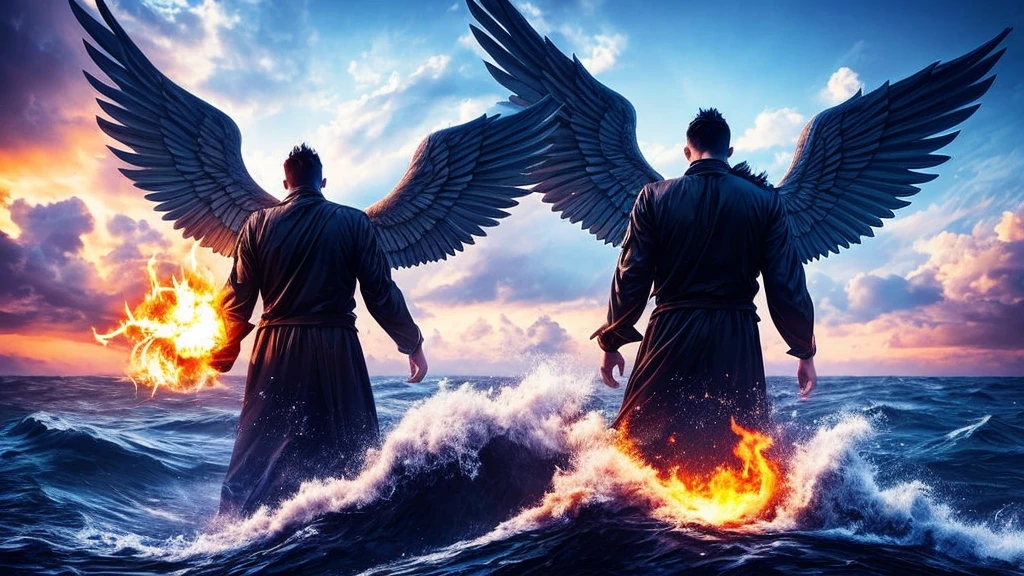 realistic photo of a giant mysterious male angel with his head down and black wings closed inside the raging sea, sky with lots of clouds and fireballs