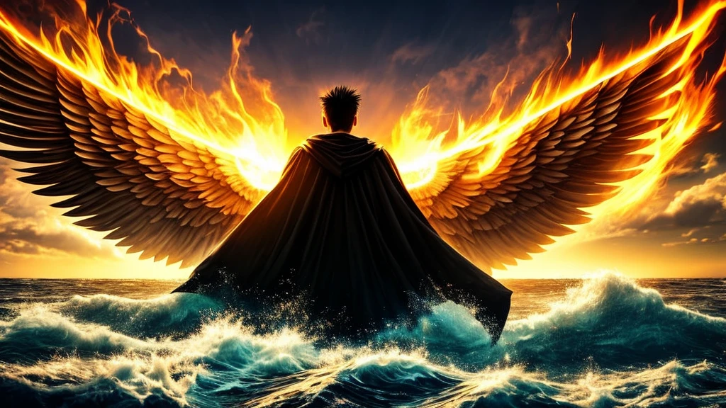 realistic photo of a giant mysterious male angel with his head down and black wings closed inside the raging sea, sky with lots of clouds and fireballs