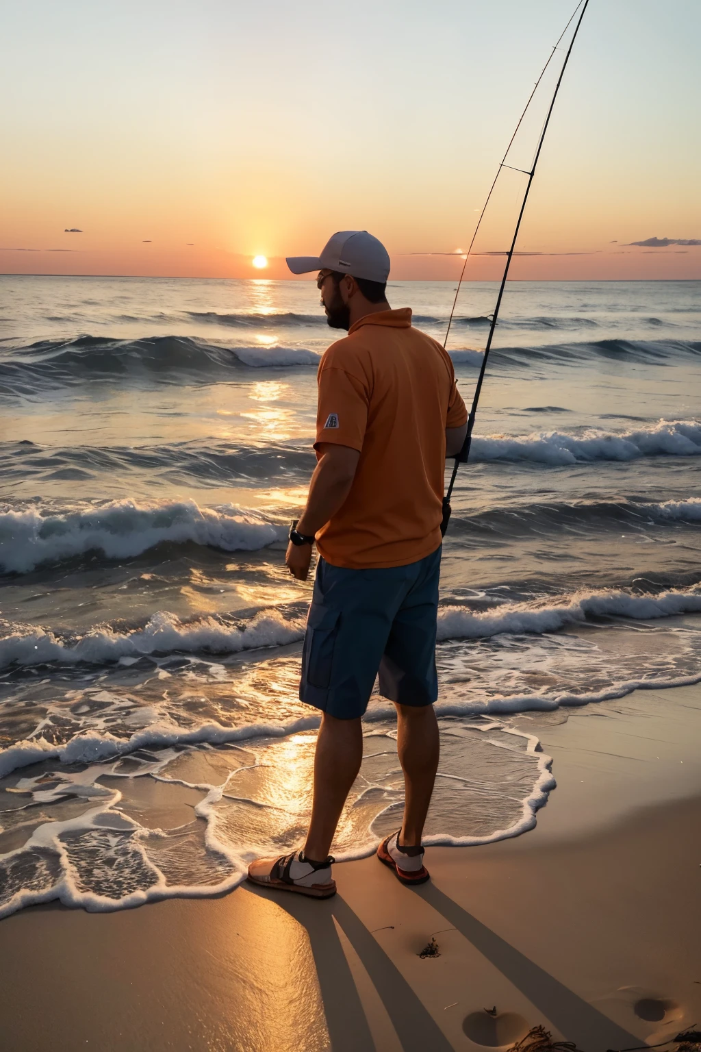 An image capturing the moment of a fisherman on a beach at dusk. the fisherman, Standing at the water's edge, holds a high quality fishing rod, with the line thrown into the sea. on the sand, around the fisherman, there are various fishing materials organized carefully: various colored baits, shiny hooks, lines, tool spools and boxes. Each item is clearly visible and well laid out, highlighting the impeccable organization and high quality of materials. The gentle waves and orange sky in the background create a serene and inviting atmosphere.."
