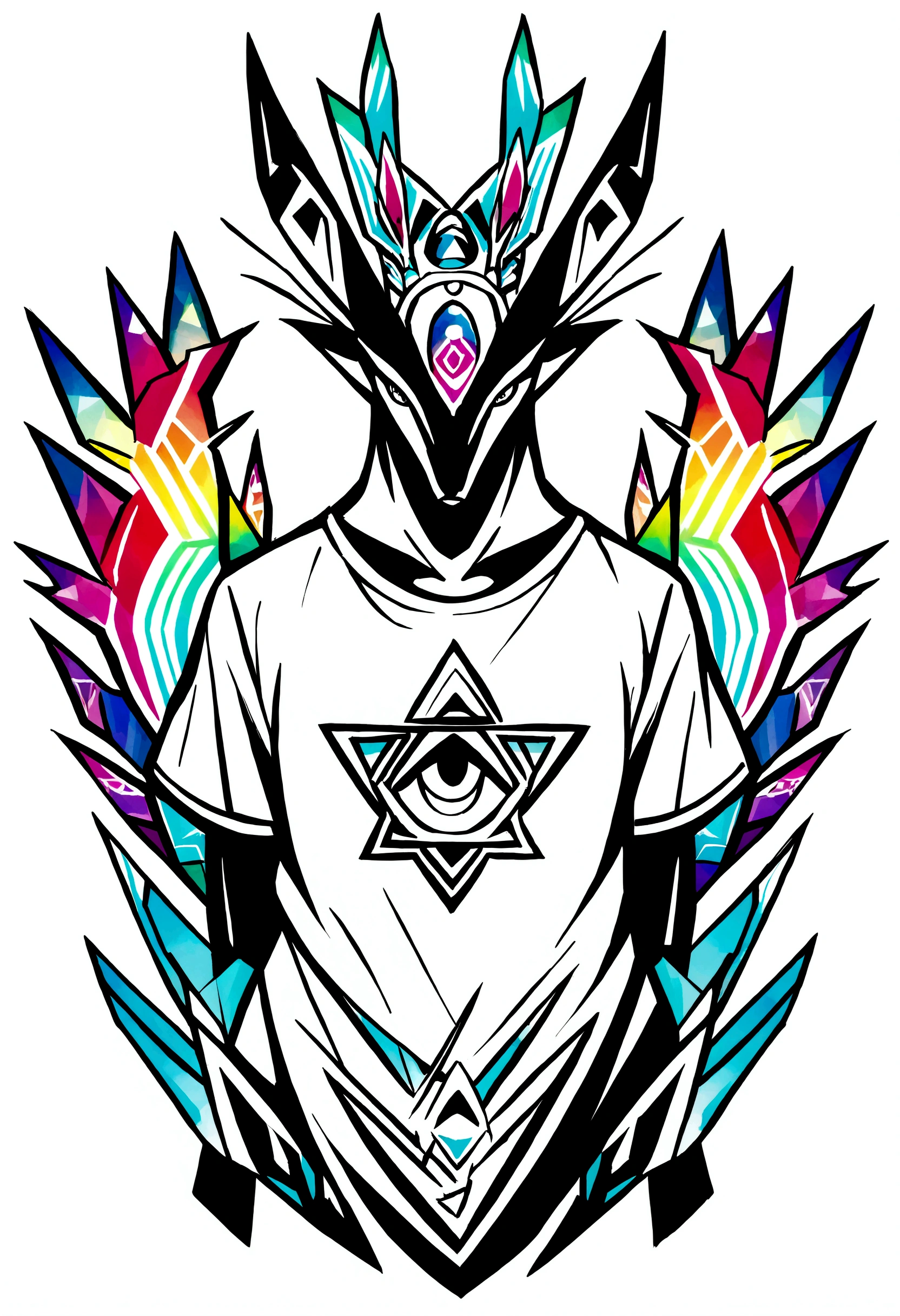 small logo, front view, a bird. Sharp, colorful edges,/Imagine: Tribal Spirit Animals: A t-shirt design inspired by tribal art and folklore, featuring intricately detailed spirit animals, such as a Pokemon "V" head. The design incorporates geometric patterns and bold lines to create a striking and powerful composition. white background, 8k—with 3:4- -s250,magic, sharp, smooth, colorful monochrome design, magic splash, t-shirt design, Studio Ghibli style, Design must be vector art, showing Jolteon. Use Adobe Illustrator to create the logo with crisp lines and a simple yet eye-catching look. The logo should evoke a sense of sophistication and tranquility. Emphasize a low-poly style to add a touch of uniqueness. The overall aesthetic should be sleek and stylish, making it suitable for branding, logo purposes, white background