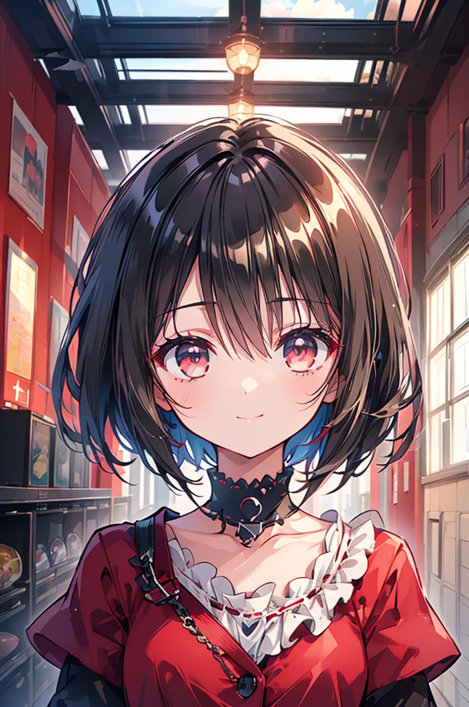 (masterpiece, highest quality, highest quality, (No text), Beautiful and aesthetic:1.2),No text,アニメ、BREAK,One Girl,Black Hair Girl short hair older sister choker Tree Eyes Beautiful eyes Red eyes cool smile Red and Black Black jacket mini skirt whole body In town