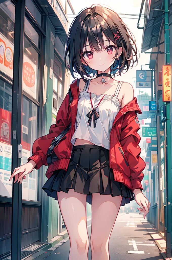 (masterpiece, highest quality, highest quality, (No text), Beautiful and aesthetic:1.2),No text,アニメ、BREAK,One Girl,Black Hair Girl short hair older sister choker Tree Eyes Beautiful eyes Red eyes cool smile Red and Black Black jacket mini skirt whole body In town