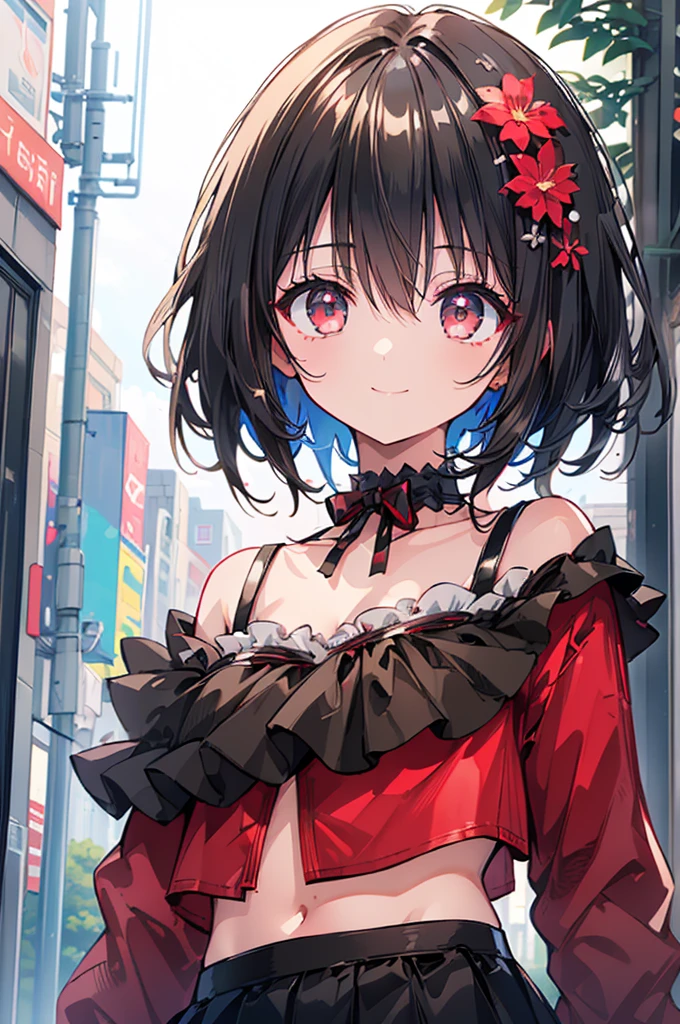 (masterpiece, highest quality, highest quality, (No text), Beautiful and aesthetic:1.2),No text,アニメ、BREAK,One Girl,Black Hair Girl short hair older sister choker Tree Eyes Beautiful eyes Red eyes cool smile Red and Black Black jacket mini skirt whole body In town