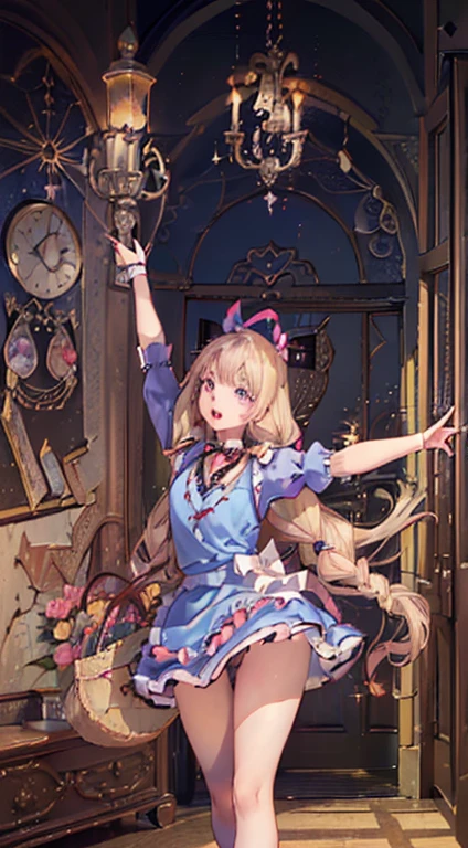 (perky chest:1.2), (pointed chest:1.2),(((Black Tunic:1.3))),(((cakes and bread in the basket),Cute and beautiful girl,Cute round face,Cute smile,with blush cheeks,Red Lip,a girl 17 years old, nsfw:1.2, beautiful body:1.3), shinny skin, BREAK, ((alice in the wonderland:1.3, cute, kawaii, lovely, funny, a girl falling down from sky:1.3, girl flying in sky:1.4, girl floating in air:1.5, rolling upskirt by wind:1.6, (with sparkling eyes and a contagious smile),open mouth, Looking at Viewer, surprised, putting hands on crotch over the skirts:1.5)), BREAK, ((floating things as follows:1.3, PlayingCards, Trump, tea cup, tea pot, tea spoons, pocket watch:1.3, lip sticks, candies:1.2, cookies, jam bottles, classical door_keys)), ((long purply_Blue dress :1.5, wearing long flaired skirt:1.3, the skirt is blowing:1.3, cute pink Apron, black stockingedium long platinum-blonde hair:1.2, twin tail hair:1.6, tied hair with a large ribbon), (Blue eyes, bright pupils with highlights, detailed eyes), (lying down on your back:0.7, spreading legs with rising up straight:0.7), sexy posture, fantastic colorful art, (fantasy art:1.2, wondered images), ((correct anatomy:1.5, perfect anatomy:1.3, correct hand, small foot:1.2)),