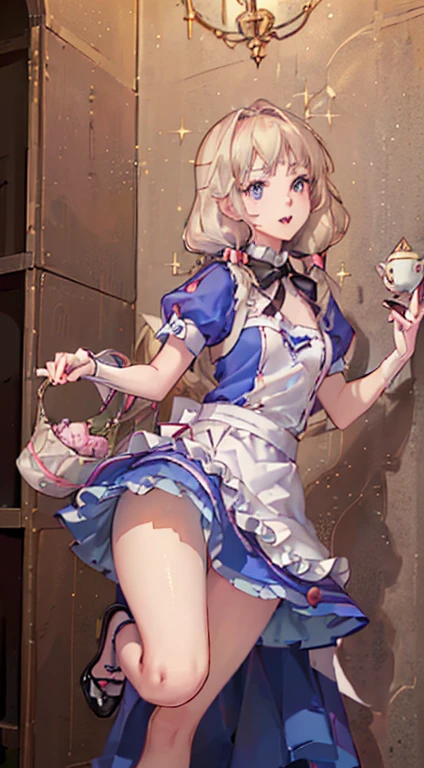 (perky chest:1.2), (pointed chest:1.2),(((Black Tunic:1.3))),(((cakes and bread in the basket),Cute and beautiful girl,Cute round face,Cute smile,with blush cheeks,Red Lip,a girl 17 years old, nsfw:1.2, beautiful body:1.3), shinny skin, BREAK, ((alice in the wonderland:1.3, cute, kawaii, lovely, funny, a girl falling down from sky:1.3, girl flying in sky:1.4, girl floating in air:1.5, rolling upskirt by wind:1.6, (with sparkling eyes and a contagious smile),open mouth, Looking at Viewer, surprised, putting hands on crotch over the skirts:1.5)), BREAK, ((floating things as follows:1.3, PlayingCards, Trump, tea cup, tea pot, tea spoons, pocket watch:1.3, lip sticks, candies:1.2, cookies, jam bottles, classical door_keys)), ((long purply_Blue dress :1.5, wearing long flaired skirt:1.3, the skirt is blowing:1.3, cute pink Apron, black stockingedium long platinum-blonde hair:1.2, twin tail hair:1.6, tied hair with a large ribbon), (Blue eyes, bright pupils with highlights, detailed eyes), (lying down on your back:0.7, spreading legs with rising up straight:0.7), sexy posture, fantastic colorful art, (fantasy art:1.2, wondered images), ((correct anatomy:1.5, perfect anatomy:1.3, correct hand, small foot:1.2)),
