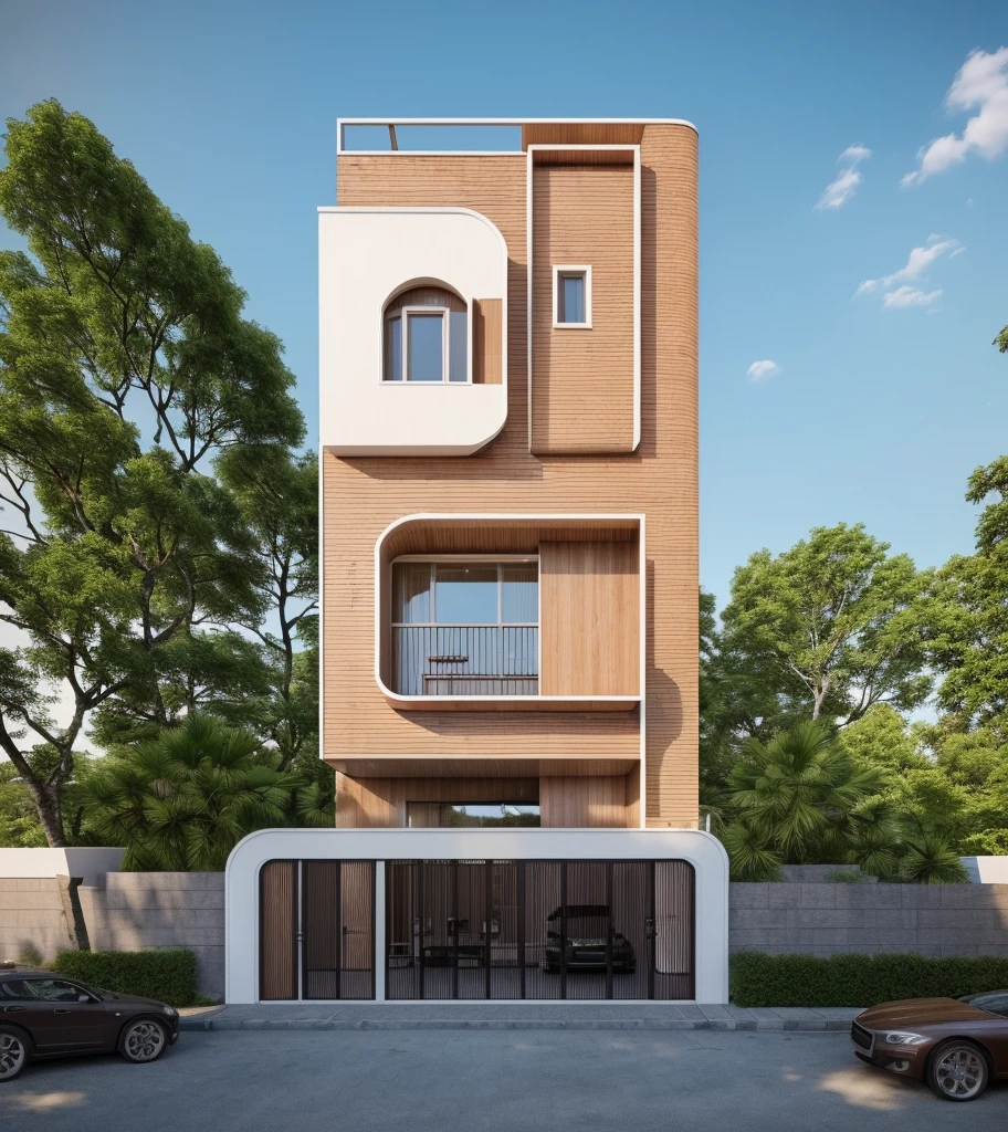 (Townhouse in city ,close houses and trees), daylight ( best quality) ((high solution)) ,(( photo realistic)) ,warm light, (sharp focont view of townhouse in style of modern,small house, Narrow area,VietNam,facade, curved arch,beautiful facade,curved windown,narrow and long ,two-storey,mutual colours, soft lighting, warm atmosphere,high Resolution, hyper detailed,4k ,vray render, octane render, hyper realistic, photography expert ,exterior design , professional photography, exterior photography,wide-angle shot , ultra detail , high Resolution , full frame, full body