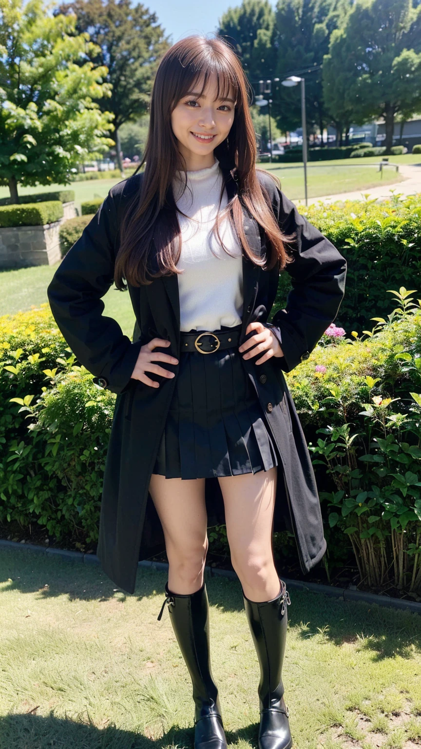 (8K、RAW Photos、Highest quality、masterpiece:1.2)、(Realistic、Realistic)、1 Girl、((Check mini skirt、Long coat、Medium Hair、black、Thin legs、whole body、boots、blackいコート、one piece、tights、garden、View from the front、smile、Looking into the camera、belt、Stand with hands on hips))、cute