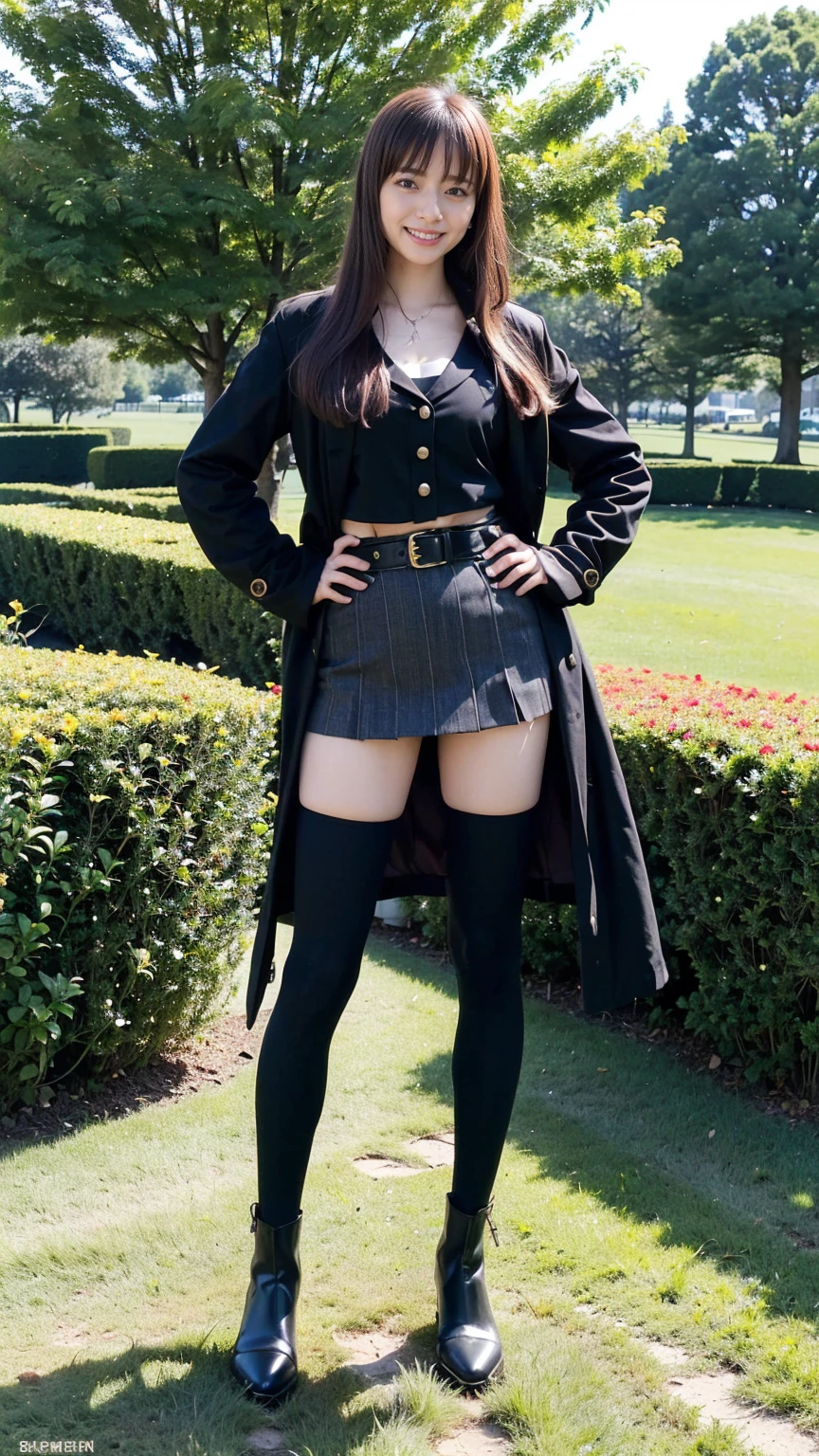(8K、RAW Photos、Highest quality、masterpiece:1.2)、(Realistic、Realistic)、1 Girl、((Check mini skirt、Long coat、Medium Hair、black、Thin legs、whole body、boots、blackいコート、one piece、tights、garden、View from the front、smile、Looking into the camera、belt、Stand with hands on hips))、cute