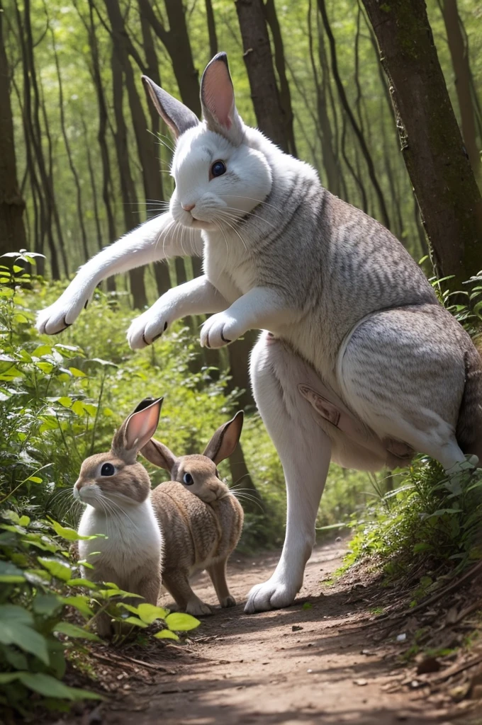Hunter in a forest chasing 2 rabbits - one white and one gray - at the same time