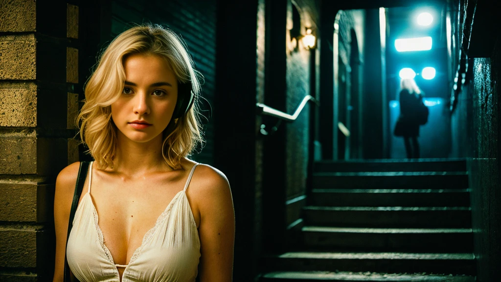 Beautiful blonde with big breasts in black mode casual (Stairs of a Western-style building late at night、sit),Wearing headphones,Very detailed, 21 years old, Innocent face, Bob Hair, blue eyes, High resolution, masterpiece, Highest quality, Intricate details, Very detailed, Clear focus, Delicate skin, practical skin texture, texture, Delicate eyes, Professional, 4K, Sad face,despair、 Shot with Canon, 85mm, Shallow and deep, Kodak Vision Color, Exactly, Very detailed, photograph_\(Extremist\), photographpractical, practical, Post-processing, Maximum details, Roughness, Real Life, Extremist practical, Photorealism, photographgraphy, 8K Ultra HD, photographgraphy