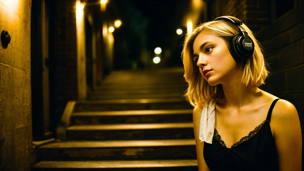 Beautiful blonde with big breasts in black mode casual (Stairs of a Western-style building late at night、sit),Wearing headphones,Very detailed, 21 years old, Innocent face, Bob Hair, blue eyes, High resolution, masterpiece, Highest quality, Intricate details, Very detailed, Clear focus, Delicate skin, practical skin texture, texture, Delicate eyes, Professional, 4K, Sad face,despair、 Shot with Canon, 85mm, Shallow and deep, Kodak Vision Color, Exactly, Very detailed, photograph_\(Extremist\), photographpractical, practical, Post-processing, Maximum details, Roughness, Real Life, Extremist practical, Photorealism, photographgraphy, 8K Ultra HD, photographgraphy