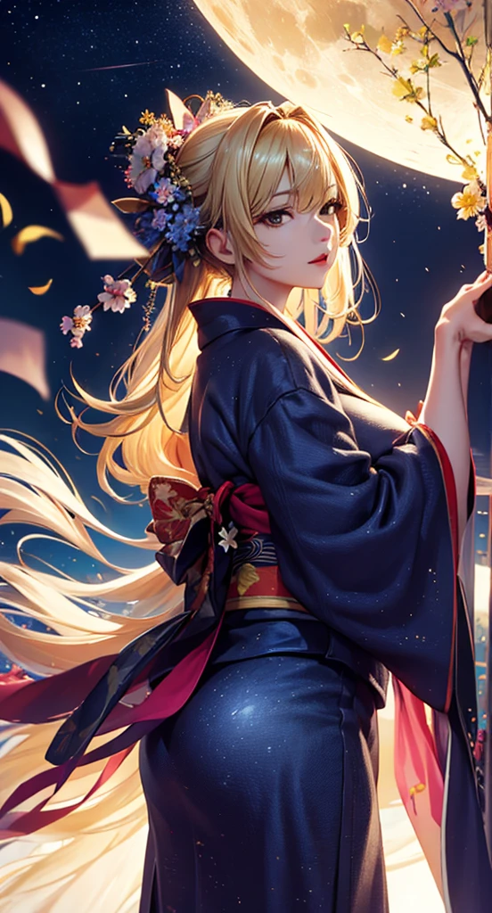 masterpiece, high quality, 4K, Beautiful design, silhouette，blonde， 非常に詳細な夜のStarry Sky,Flower Field， wonderful, Finer details,  Very knowledgeable woman, Highly detailed solo, 1 female,Big Breasts，Big Ass，Underwear Line，Yukata in white color，Night view，Starry Sky，full moon，