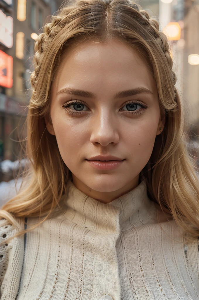 a beautiful blonde woman, detailed eyes, beautiful detailed lips, perfect body proportion, extremely detailed face, long eyelashes, 1girl, with a relaxed and calming air, photorealistic, winter in New york city, cinematic lighting, snow, cozy, warm colors, intricate details, hyper realistic, 8k, masterpiece