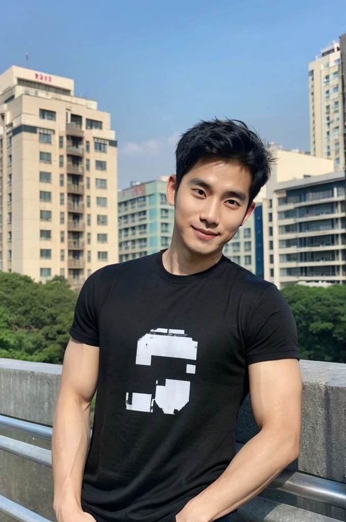 Korean man, Inspiration from Peng Yuyan, 30 years old, 236 years old, Cute Korean Face, 35 yo, 33 year old Korean muscular man,Gym in the background, black t-shirt