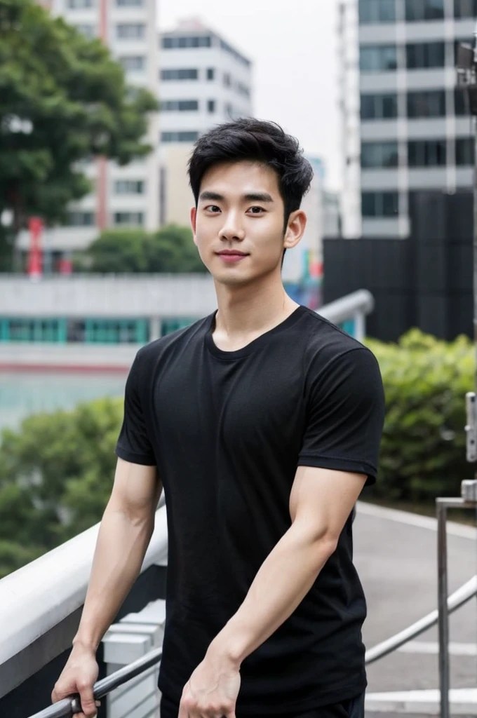 Korean man, Inspiration from Peng Yuyan, 30 years old, 236 years old, Cute Korean Face, 35 yo, 33 year old Korean muscular man,Gym in the background, black t-shirt