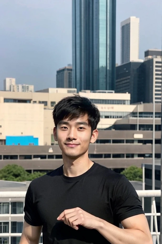 Korean man, Inspiration from Peng Yuyan, 30 years old, 236 years old, Cute Korean Face, 35 yo, 33 year old Korean muscular man，Gym in the background, black t-shirt