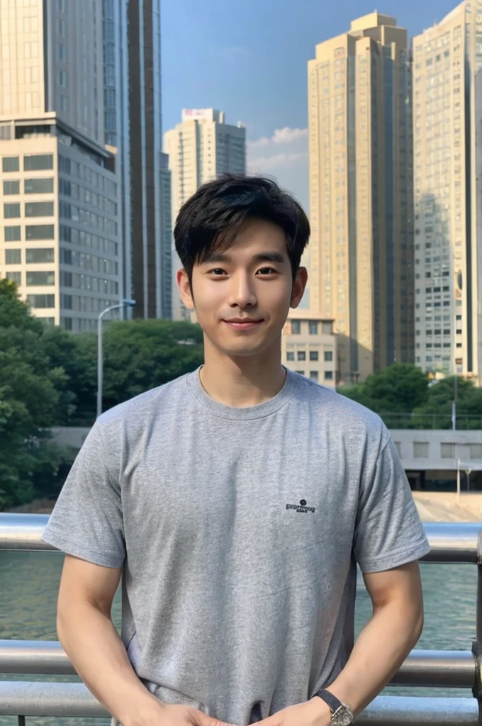 Korean man, Inspiration from Peng Yuyan, 30 years old, 236 years old, Cute Korean Face, 35 yo, 33 year old Korean muscular man，Gym in the background, black t-shirt