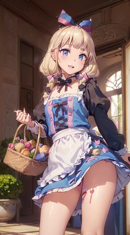 (perky chest:1.2), (pointed chest:1.2),(((Black Tunic:1.3))),(((cakes and bread in the basket),Cute and beautiful girl,Cute round face,Cute smile,with blush cheeks,Red Lip,a girl , nsfw:1.2, beautiful body:1.3), shinny skin, BREAK, ((alice in the wonderland:1.3, cute, kawaii, lovely, funny, a girl falling down from sky:1.3, girl flying in sky:1.4, girl floating in air:1.5, rolling upskirt by w, (with sparkling eyes and a contagious smile),open mouth, Looking at Viewer, surprised, putting hands on crotch over the skirts:1.5)), BREAK, ((floating things as follows:1.3, PlayingCards, Trump, tea cup, tea pot, tea spoons, pocket watch:1.3, lip sticks, candies:1.2, cookies, jam bottles, classical door_keys)), ((long purply_Blue dress :1.5, wearing long flaired skirt:1.3, the skirt is blowing:1.3, cute pink Apron, black stockingedium long platinum-blonde hair:1.2, twin tail hair:1.6, tied hair with a large ribbon), (Blue eyes, bright pupils with highlights, detailed eyes), (lying down on your back:0.7, spreading legs with rising up straight:0.7), sexy posture, fantac colorful art, (fantasy art:1.2, wondered images), ((correct anatomy:1.5, perfect anatomy:1.3, correct hand, small foot:1.2)),