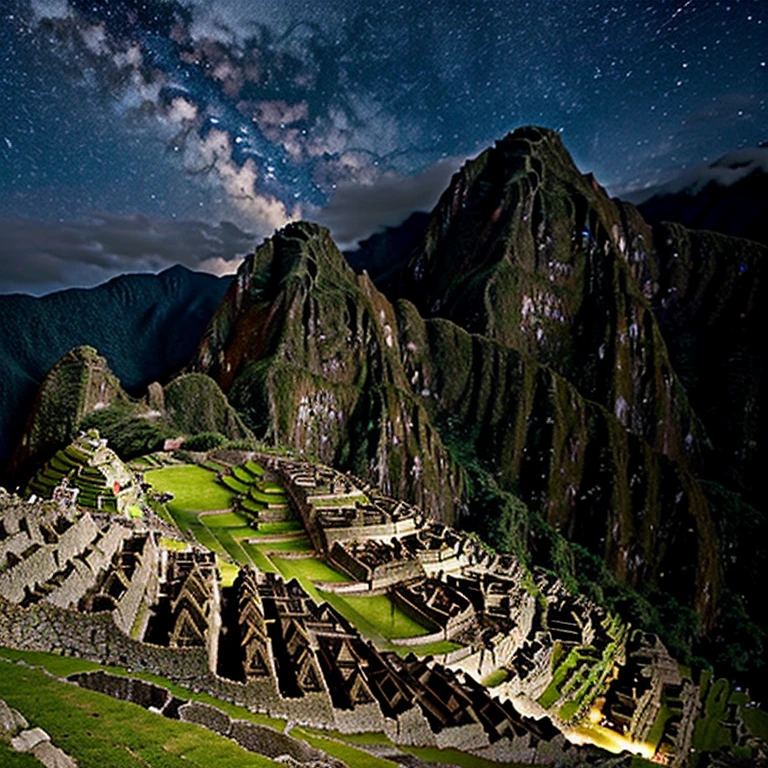 The picture I want you to draw: Peru at Night、Machu Picchu。Moonlight illuminates the Inca ruins high in the Andes、The scenery exudes a tranquil and mysterious atmosphere.。The background is a starry sky。