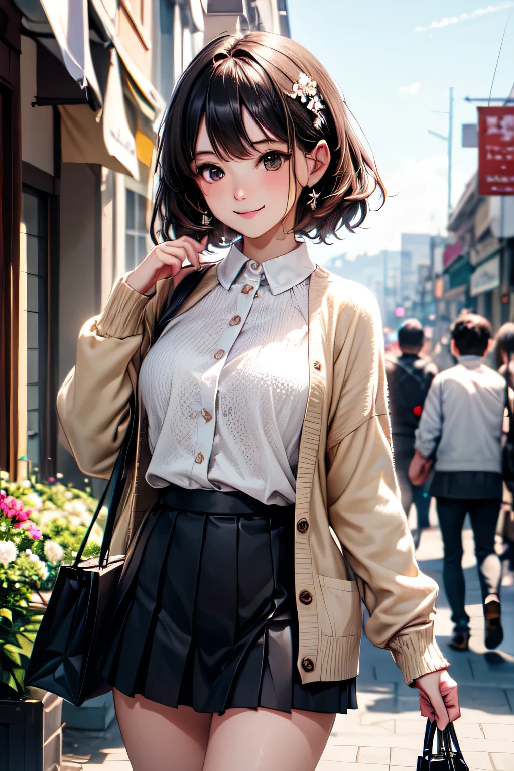 very cute and beautiful girl,teen,(highly detailed beautiful face),(white blouse),
(smile),cowboy shot,looking at viewer,
(beige cardigan:1.2) BREAK zettai ryouiki,brown shoulder bag,(brown boots),
stylish pose,hair ornament,black hair,(pleated black mini skirt:1.2),
standing,shopping street,cafe terrace,flower shop,
(best quality,masterpiece:1.0),absurdres,highres,ultra-detailed,extremely detailed,32k,8k resolution,
intricate details,cinematic scene,detailed background,solo,dynamic angle,
natural lighting,hair fluttering in the wind,beautiful detailed sky,
With legs apart,In underwear(White lace bra White lace panties),bedroom,back view,