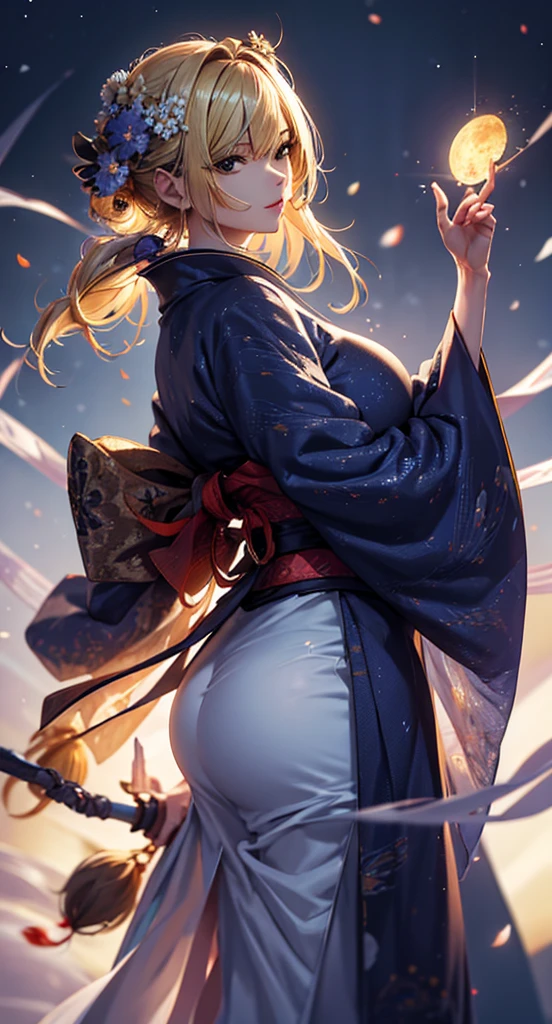 masterpiece, high quality, 4K, Beautiful design, silhouette,blonde, 非常に詳細な夜のStarry Sky,Flower Field, wonderful, Finer details, Very knowledgeable woman, Highly detailed solo, 1 female,Big Breasts,Big Ass,Underwear Line,Yukata in white color,Night view,Starry Sky,full moon,
