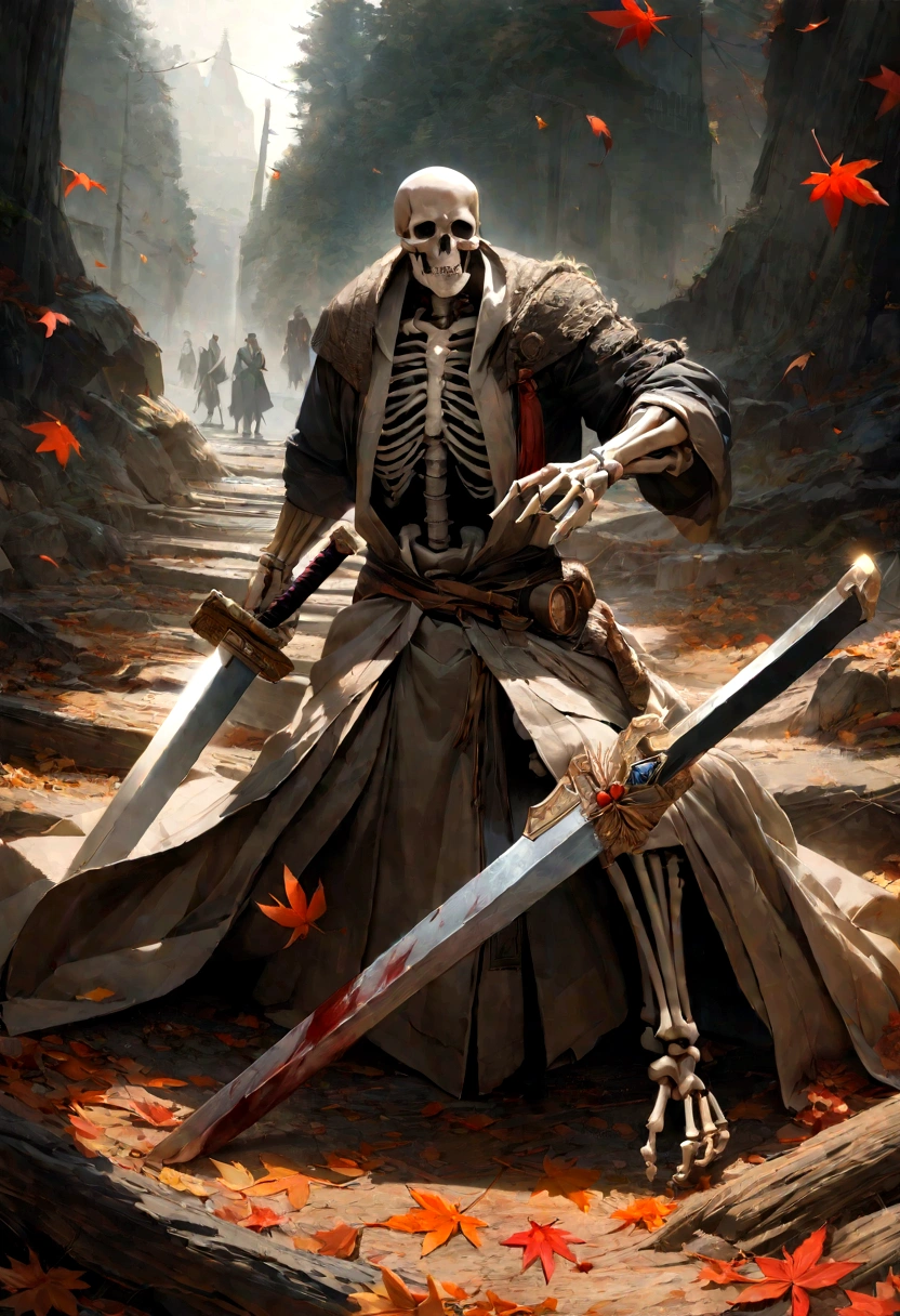 (8K, 16K, Awards, Highest quality, High resolution, Super detailed, Realistic, RAW Photos), Highly detailed 4K resolution digital art, (Skeleton Swordsman: 1.3), warrior, Lighting is dynamic, Enhanced complex details, Splash art with triad colors and deep tones, Picture book style, Hairless Warrior, The best camera models and lenses, Japanese sword, autumn leavesのある大木, autumn leaves, Return blood, Overwhelming beauty Many swords are stuck in the ground, Symbol of strength.