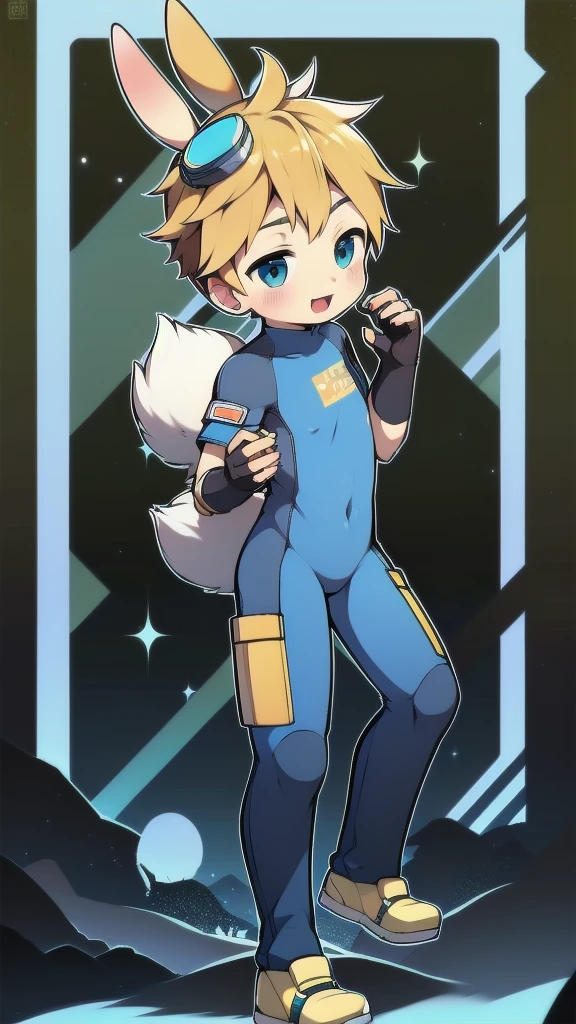 ((A young boy)),(Youthful feeling),One-piece mountaineering suit,Slender figure,Healthy limbs,Goggles,Fingerless gloves,Cotton socks,Short sleeve,stand up,happy,Rabbit ears,Rabbit Tail