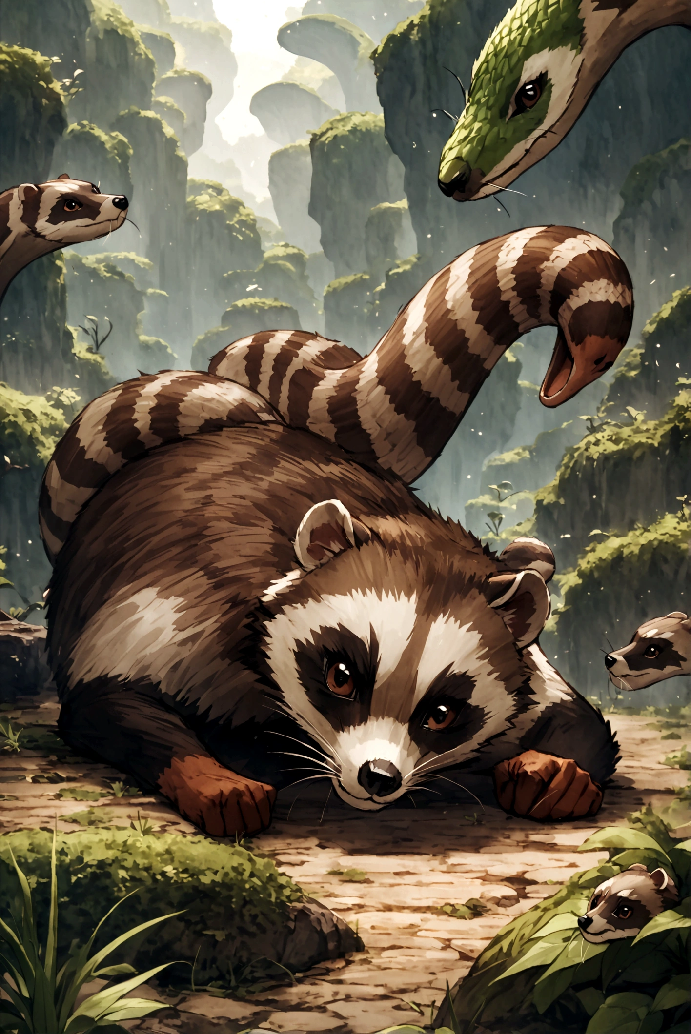 ((fantasy)) ((Animals)) racoon getting knocked out by a snake