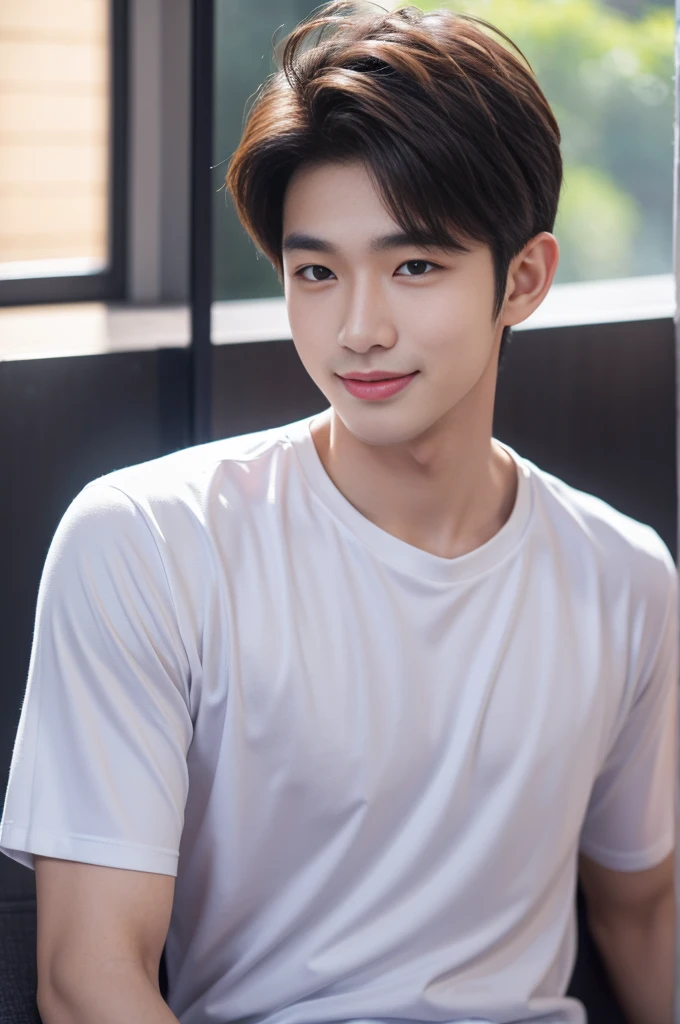 male handsome 20-year-old handsome shirt guy，looking to the camera，frontage，high qulity，tmasterpiece，8K.4K,1080P，Light-sensitive, ยิ้ม