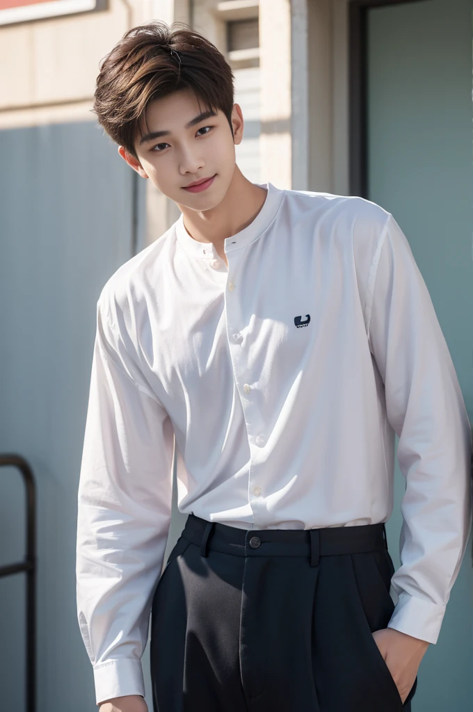 male handsome 20-year-old handsome shirt guy,looking to the camera,frontage,high qulity,tmasterpiece,8K.4K,1080P,Light-sensitive, ยิ้ม
