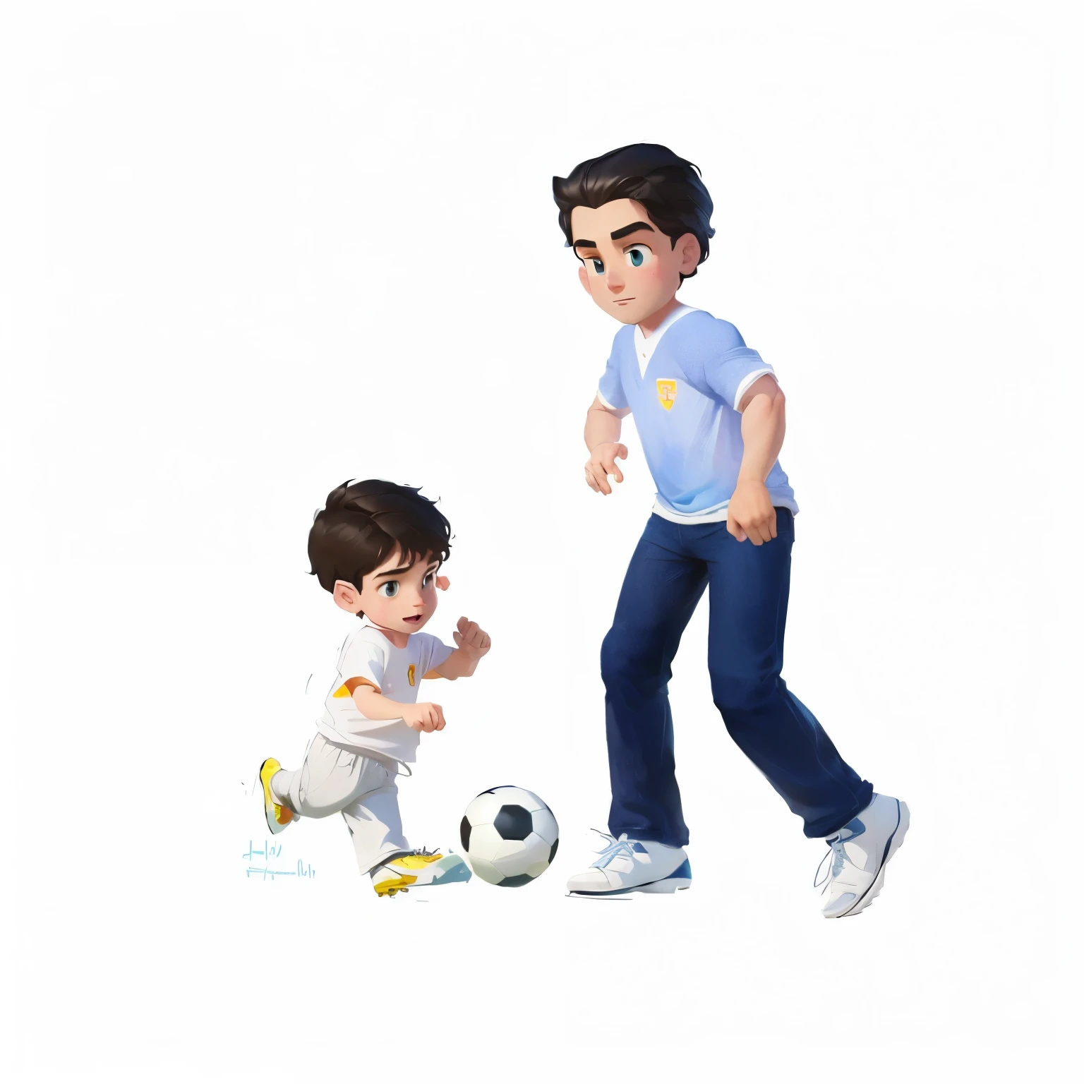 Father plays football with his child Disney Pixar style, high quality, Better quality, exquisite painting style, fine eyes, fine limbs, accurate football characters, realistic characters, super fine