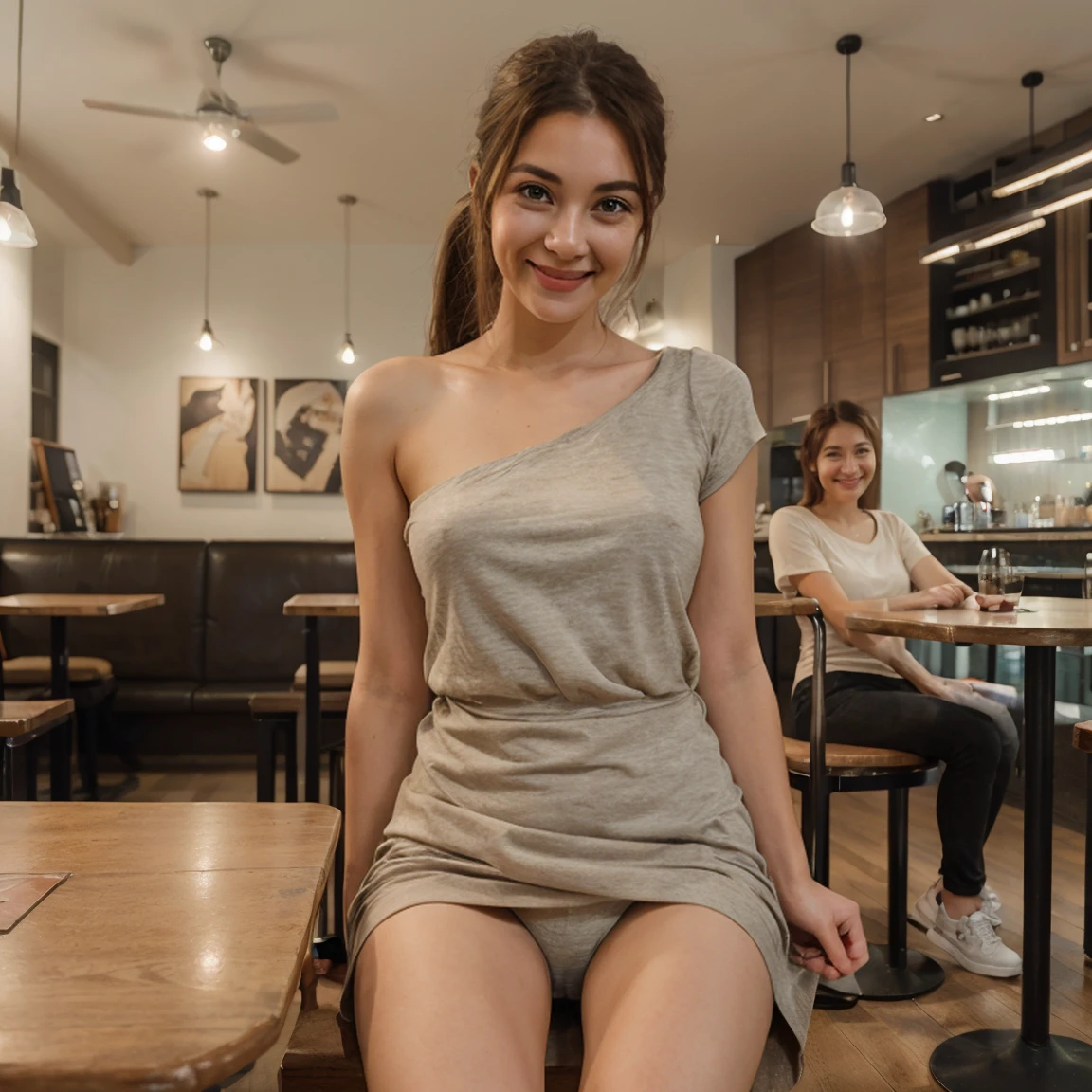 (masterpiece:1.3), (8K, Photorealsitic, Raw photography, Top image quality: 1.4), healthy indian high school girls、(In a Cafe having a coffee:1.2)、Super Detail Face、Eye of Detail、double eyelid、sharp focus:1.2、prety woman:1.4、hassel hair length till shoulder、top-quality、masterpiece、超A high resolution、(Photorealsitic:1.4)、Highly detailed and professional lighting smile、(wearing a casual dress,tshirt,cargo, sneakers)、Shoulder out、slender、serious facial expression、hair till shoulder、 sitting position 、full body view 、wheatish skin tone ,(professional evening lighting) , focus view