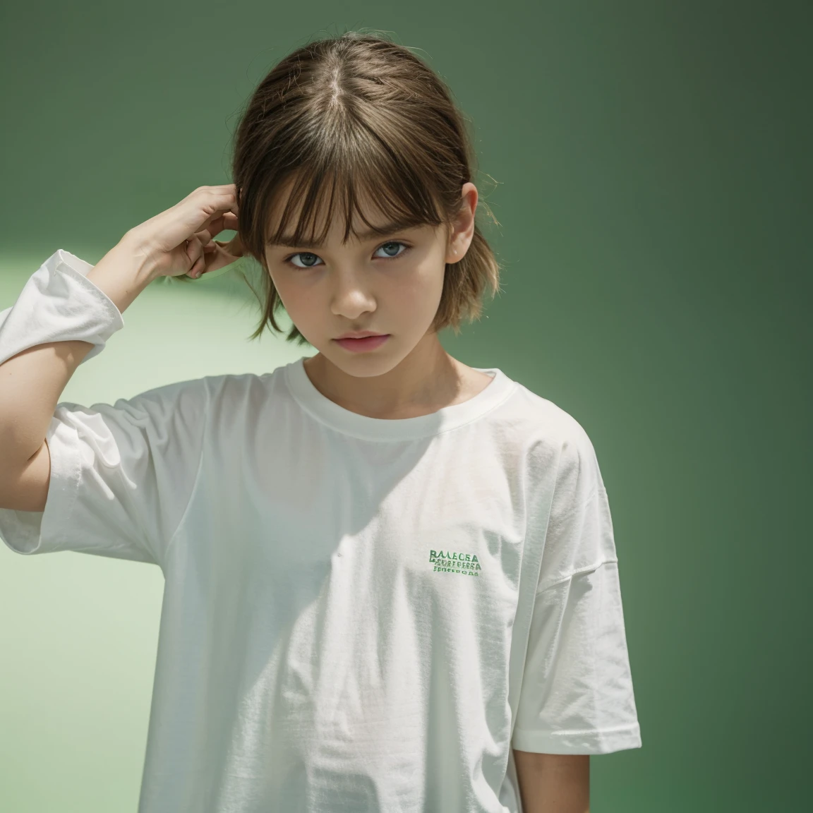 white oversize t-shirt,10year old, all green color background,balenciaga concept fashion photo, Paris