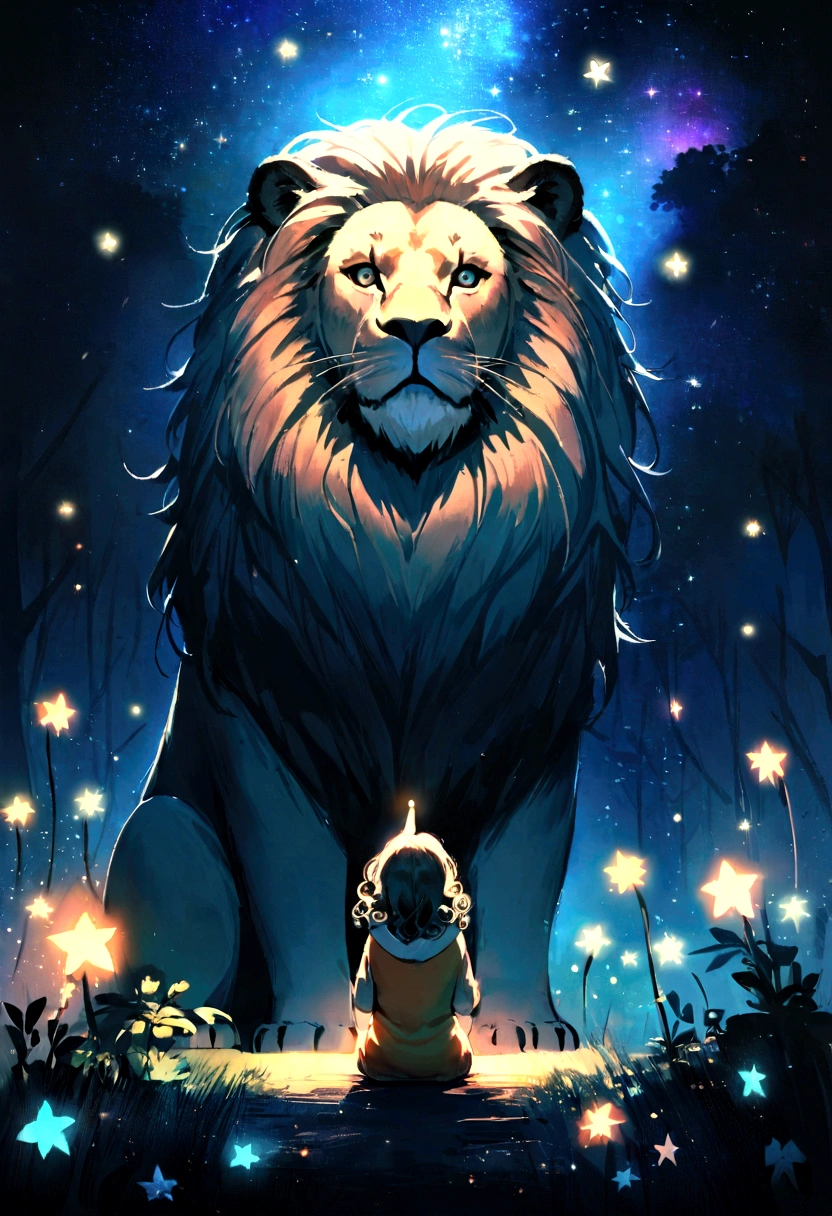 A lion, pointing to the sky, and a 12-year-old girl with curly hair, that sits on the lion, woods, natta, Firefly lights, Stars in the sky, realist