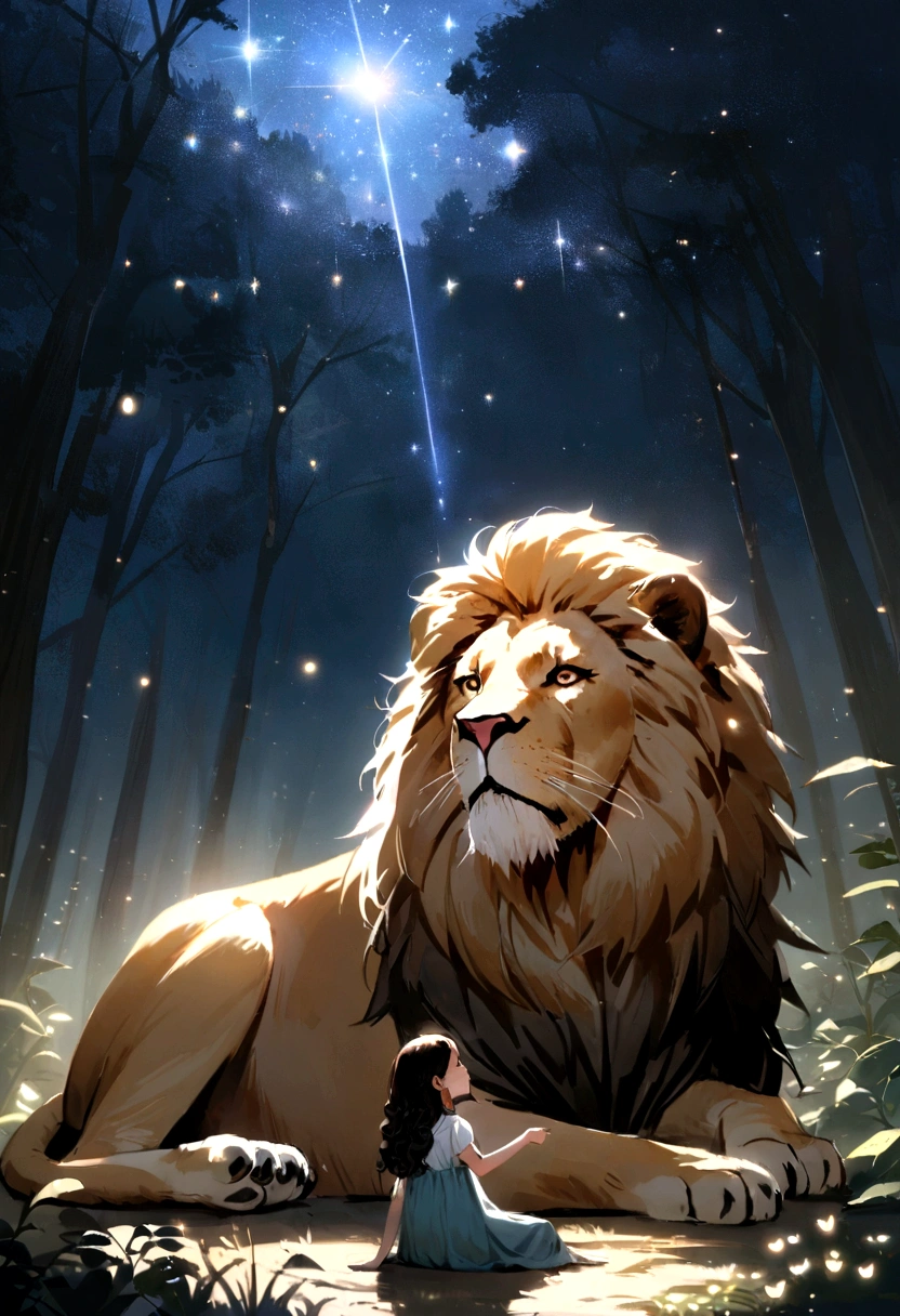 A lion, pointing to the sky, and a 12-year-old girl with curly hair, that sits on the lion, woods, natta, Firefly lights, Stars in the sky, realist