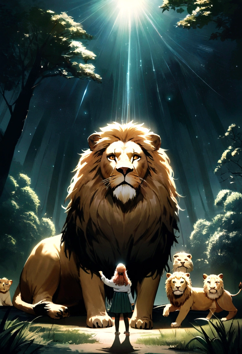A lion, pointing to the sky, and a with curly hair, that sits on the lion, woods, natta, Firefly lights, Stars in the sky, realist