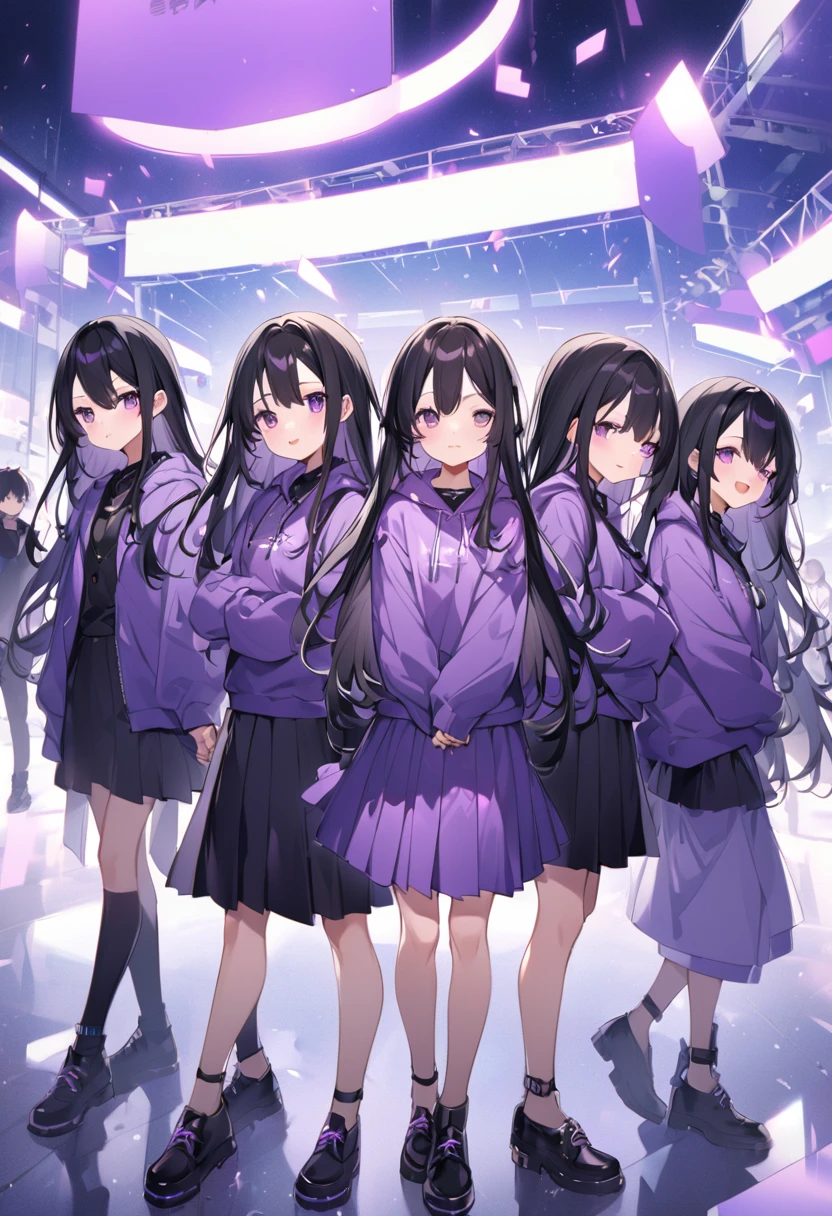 Keito。Purple Eyes。Black Hair。Purple Skirt。Black shoes下。Black shoes。Purple hoodie。long hair。5-people