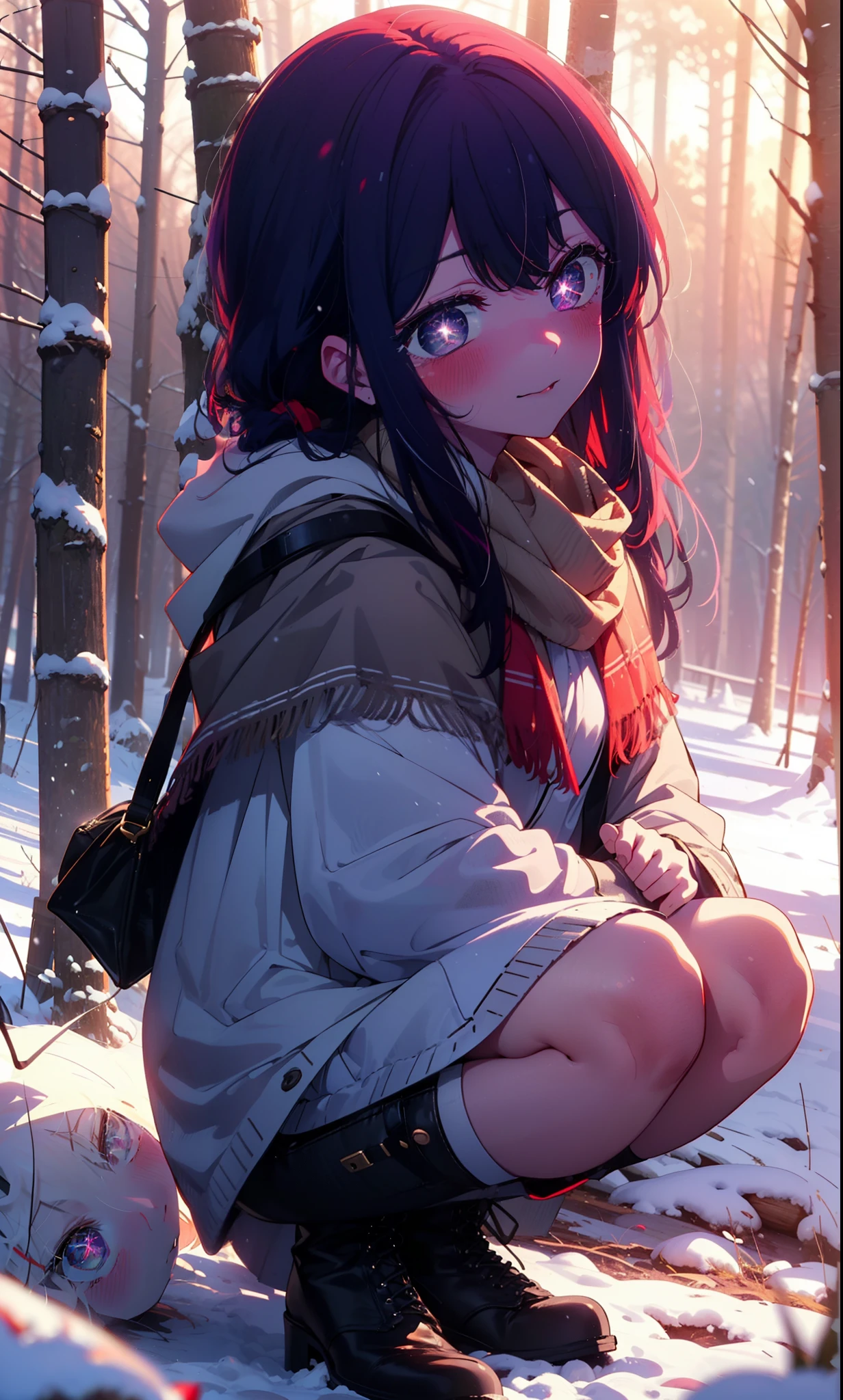 aihoshino, Ai Hoshino, Long Hair, bangs, (Purple eyes:1.1), Purple Hair, (Symbol-shaped pupil:1.5), smile,,smile,blush,White Breath,
Open your mouth,snow,Ground bonfire, Outdoor, boots, snowing, From the side, wood, suitcase, Cape, Blurred, , forest, White handbag, nature, Squat, Mouth closed, Cape, winter, Written boundary depth, Black shoes, red Cape break looking at viewer, Upper Body, whole body, break Outdoor, forest, nature, break (masterpiece:1.2), Highest quality, High resolution, unity 8k wallpaper, (shape:0.8), (Beautiful and beautiful eyes:1.6), Highly detailed face, Perfect lighting, Extremely detailed CG, (Perfect hands, Perfect Anatomy),