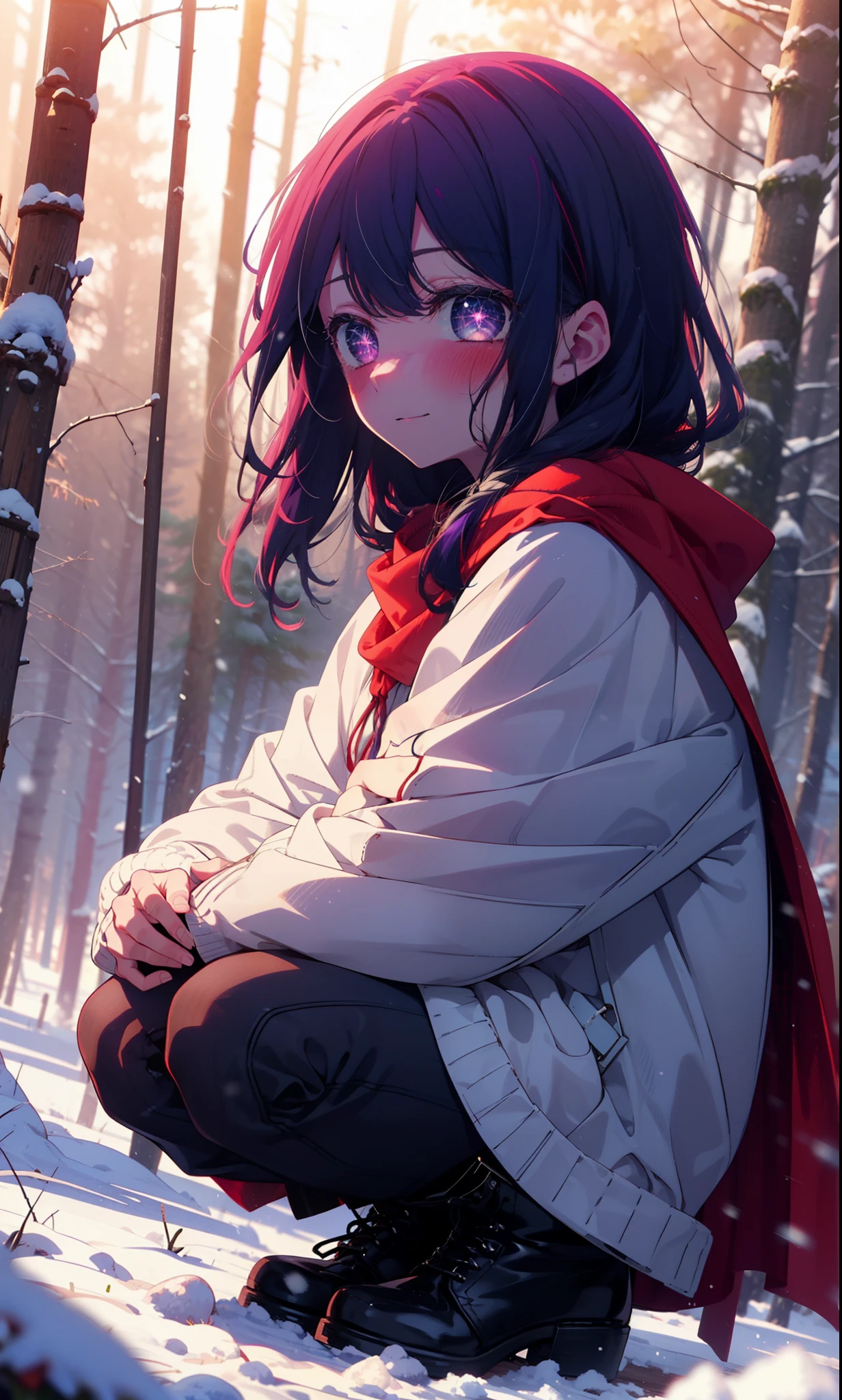 aihoshino, Ai Hoshino, Long Hair, bangs, (Purple eyes:1.1), Purple Hair, (Symbol-shaped pupil:1.5), smile,,smile,blush,White Breath,
Open your mouth,snow,Ground bonfire, Outdoor, boots, snowing, From the side, wood, suitcase, Cape, Blurred, , forest, White handbag, nature, Squat, Mouth closed, Cape, winter, Written boundary depth, Black shoes, red Cape break looking at viewer, Upper Body, whole body, break Outdoor, forest, nature, break (masterpiece:1.2), Highest quality, High resolution, unity 8k wallpaper, (shape:0.8), (Beautiful and beautiful eyes:1.6), Highly detailed face, Perfect lighting, Extremely detailed CG, (Perfect hands, Perfect Anatomy),