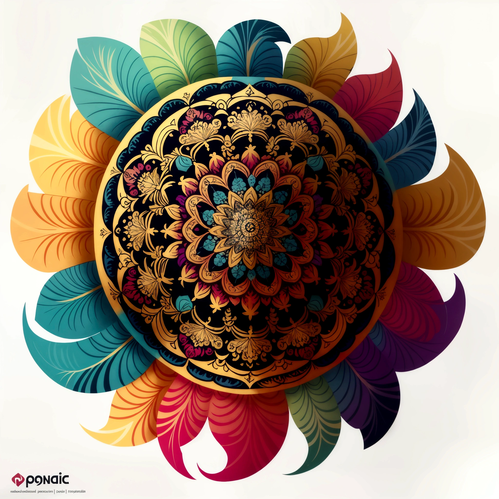 Masterpiece, best quality, very detailed, extremely detailed, vector design, colorful mandala made out of feathers, no background 